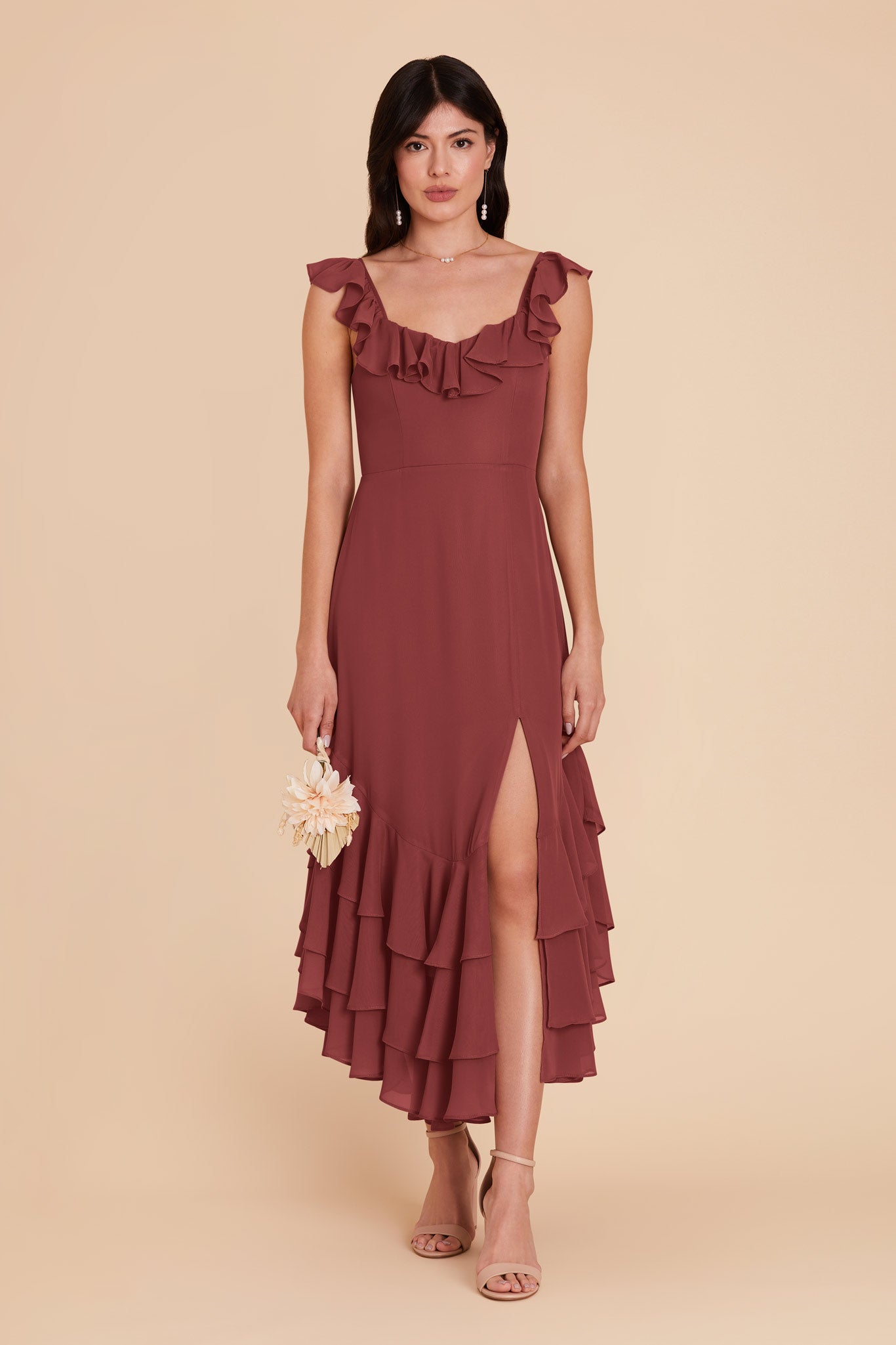 Flirty Chiffon Dress with Ruffle Neckline & Layered Hem | Ginny Rosewood