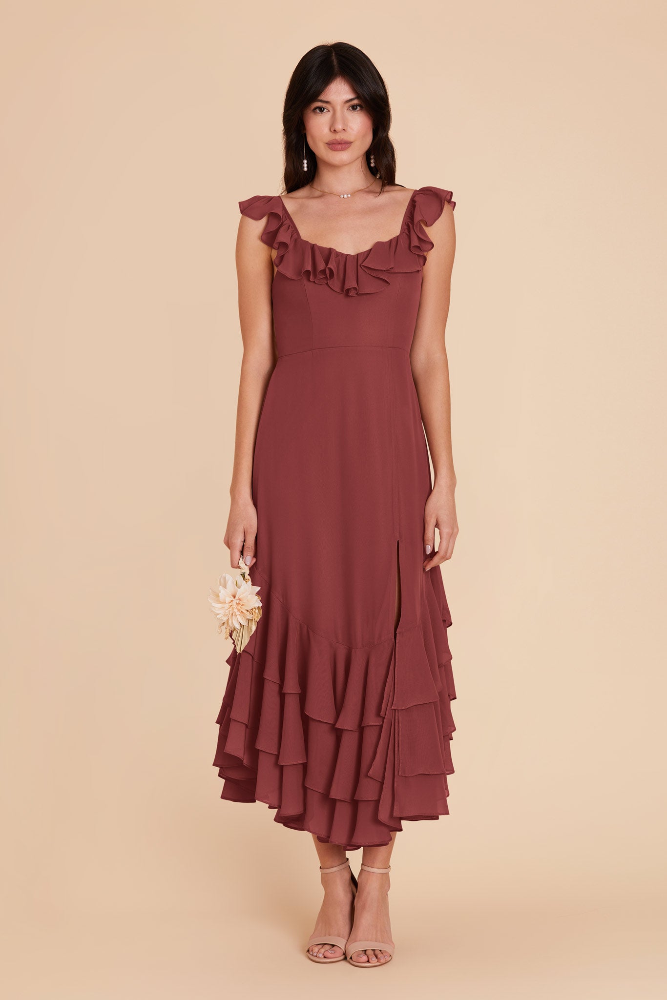 Flirty Chiffon Dress with Ruffle Neckline & Layered Hem | Ginny Rosewood
