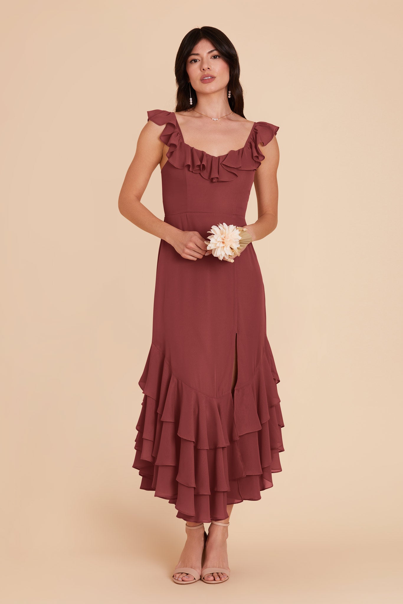 Flirty Chiffon Dress with Ruffle Neckline & Layered Hem | Ginny Rosewood