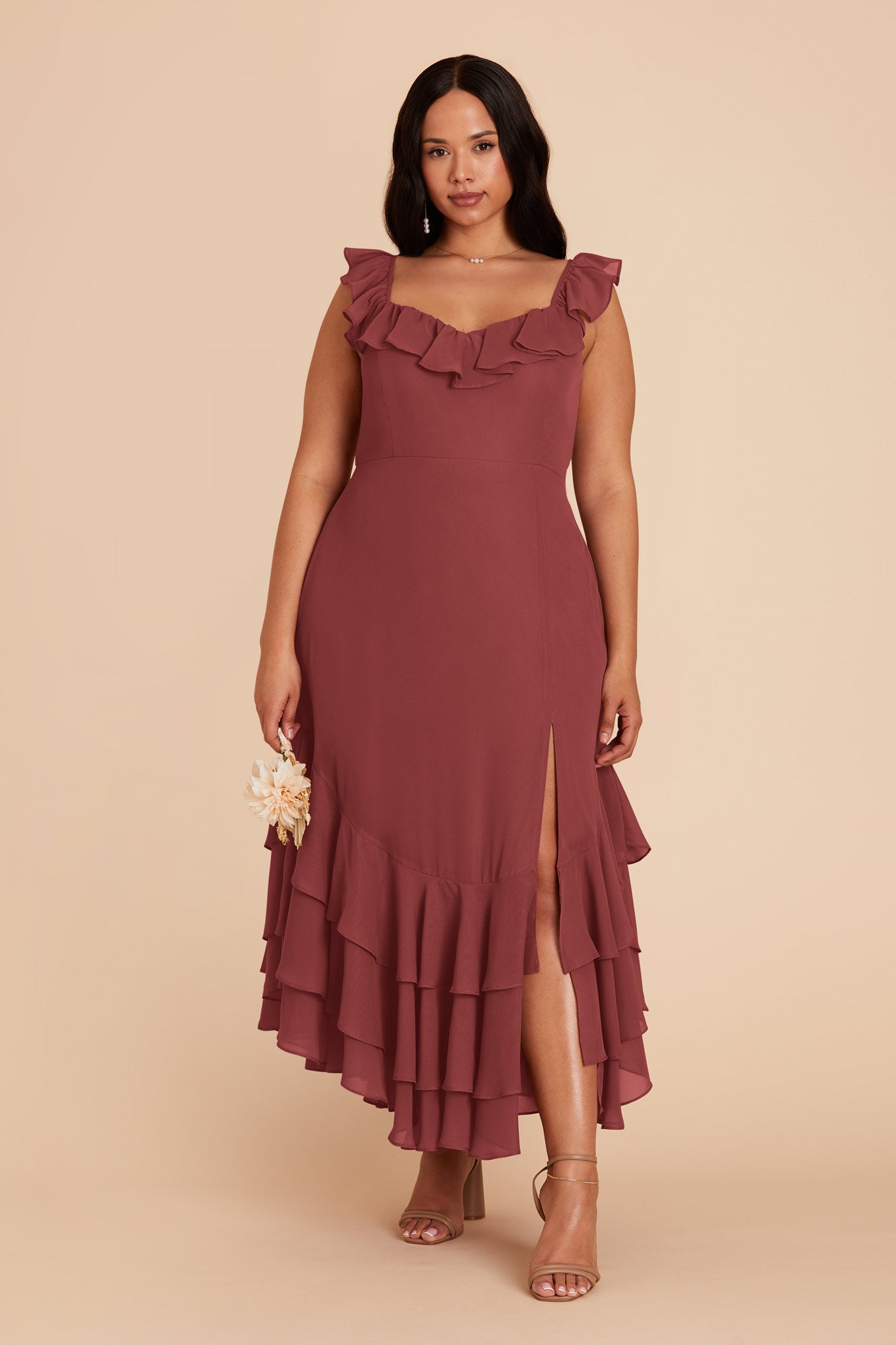 Flirty Chiffon Dress with Ruffle Neckline & Layered Hem | Ginny Rosewood