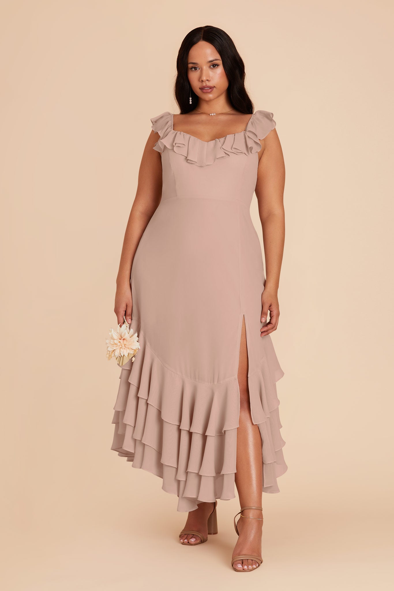 Flirty Chiffon Dress with Ruffle Trim & Layered Hem | Ginny Taupe