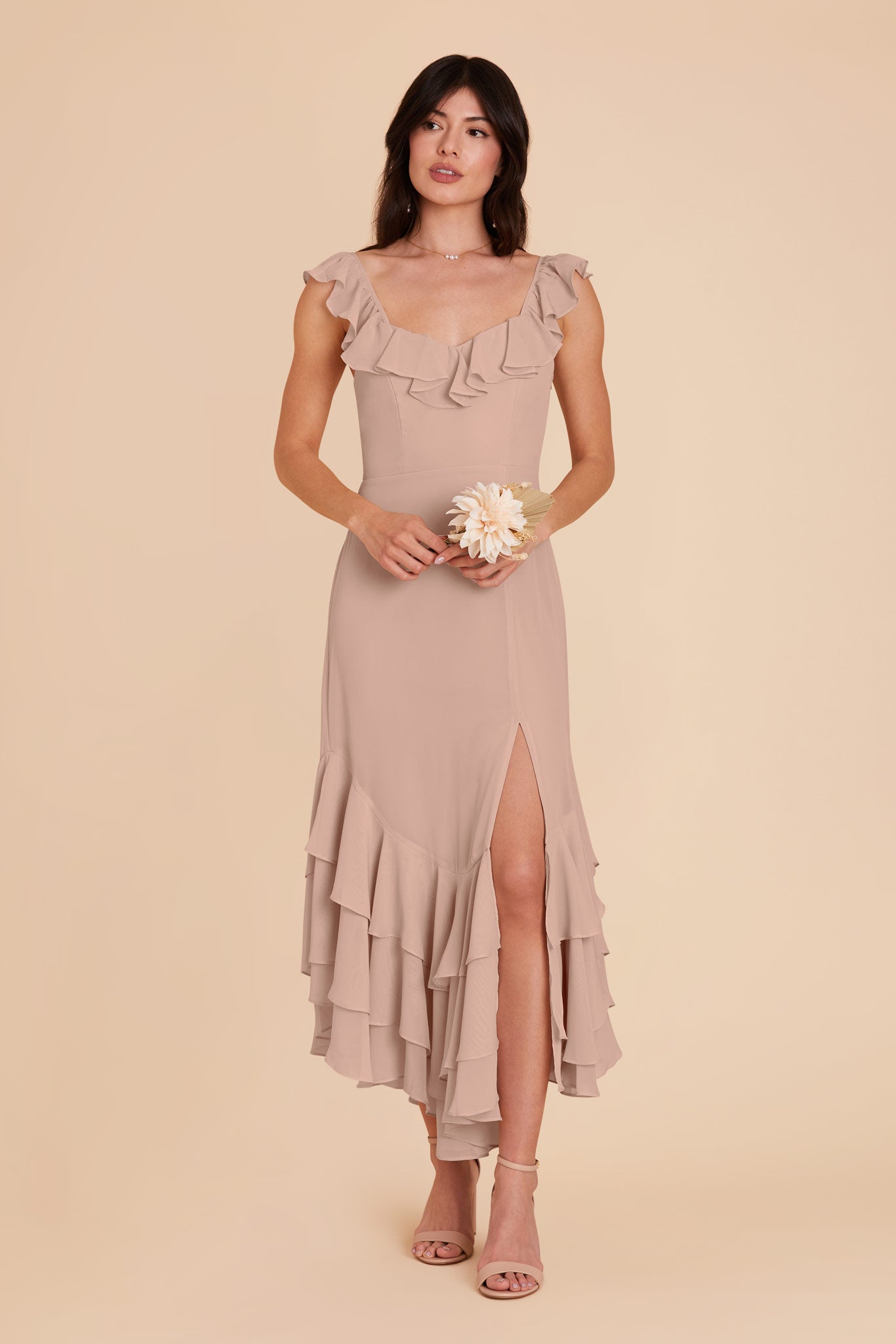 Flirty Chiffon Dress with Ruffle Trim & Layered Hem | Ginny Taupe
