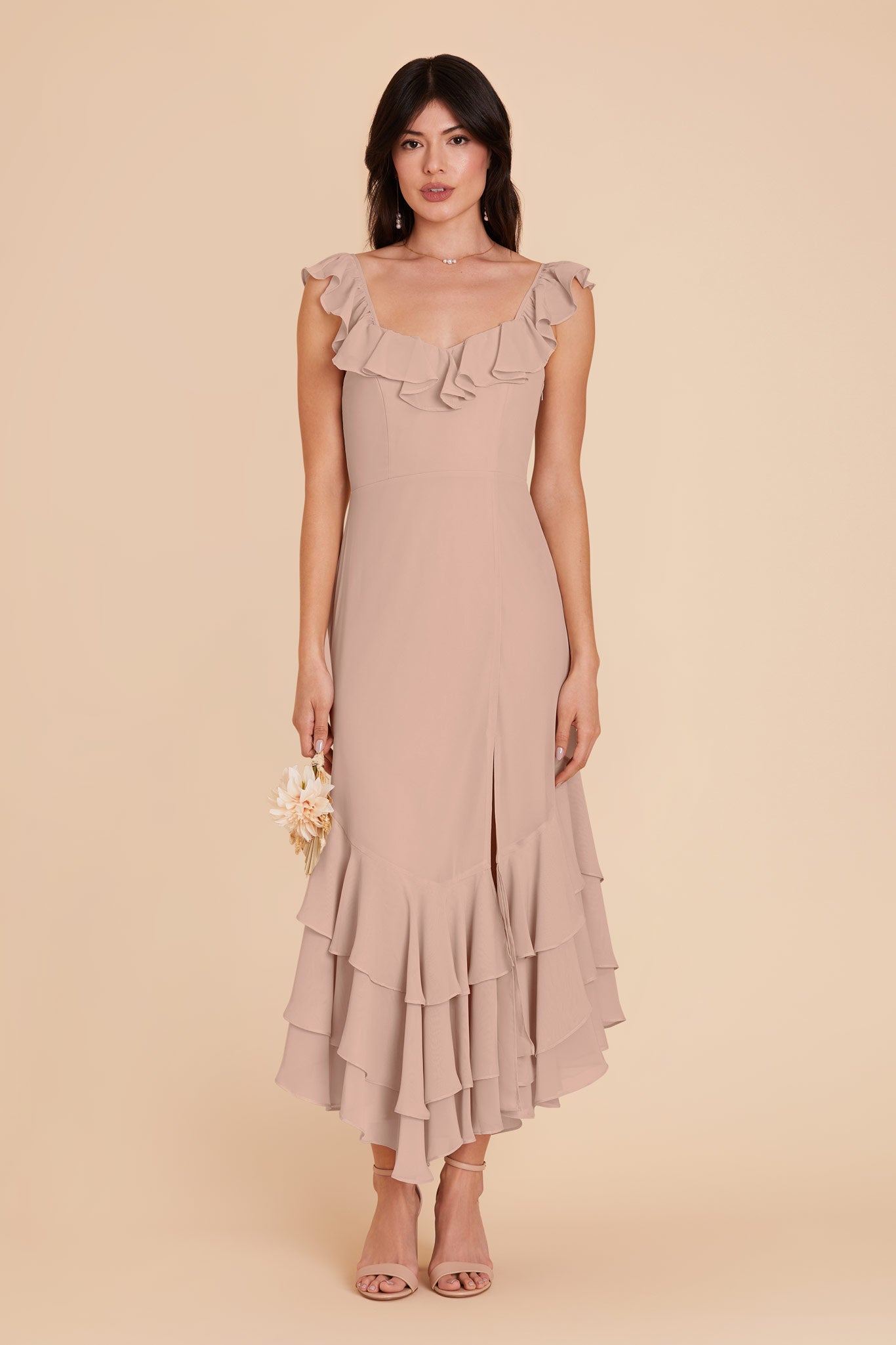 Flirty Chiffon Dress with Ruffle Trim & Layered Hem | Ginny Taupe