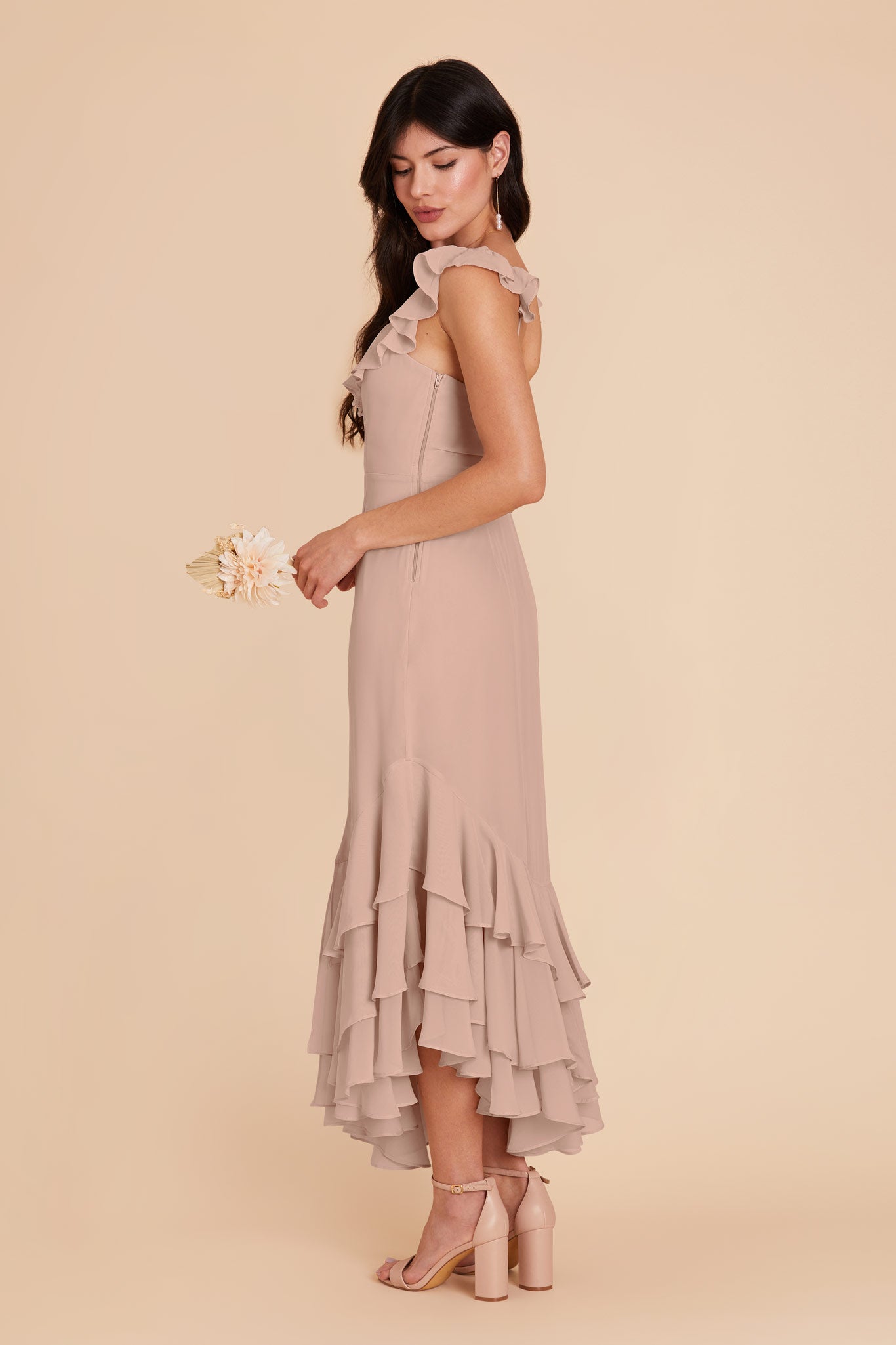 Flirty Chiffon Dress with Ruffle Trim & Layered Hem | Ginny Taupe