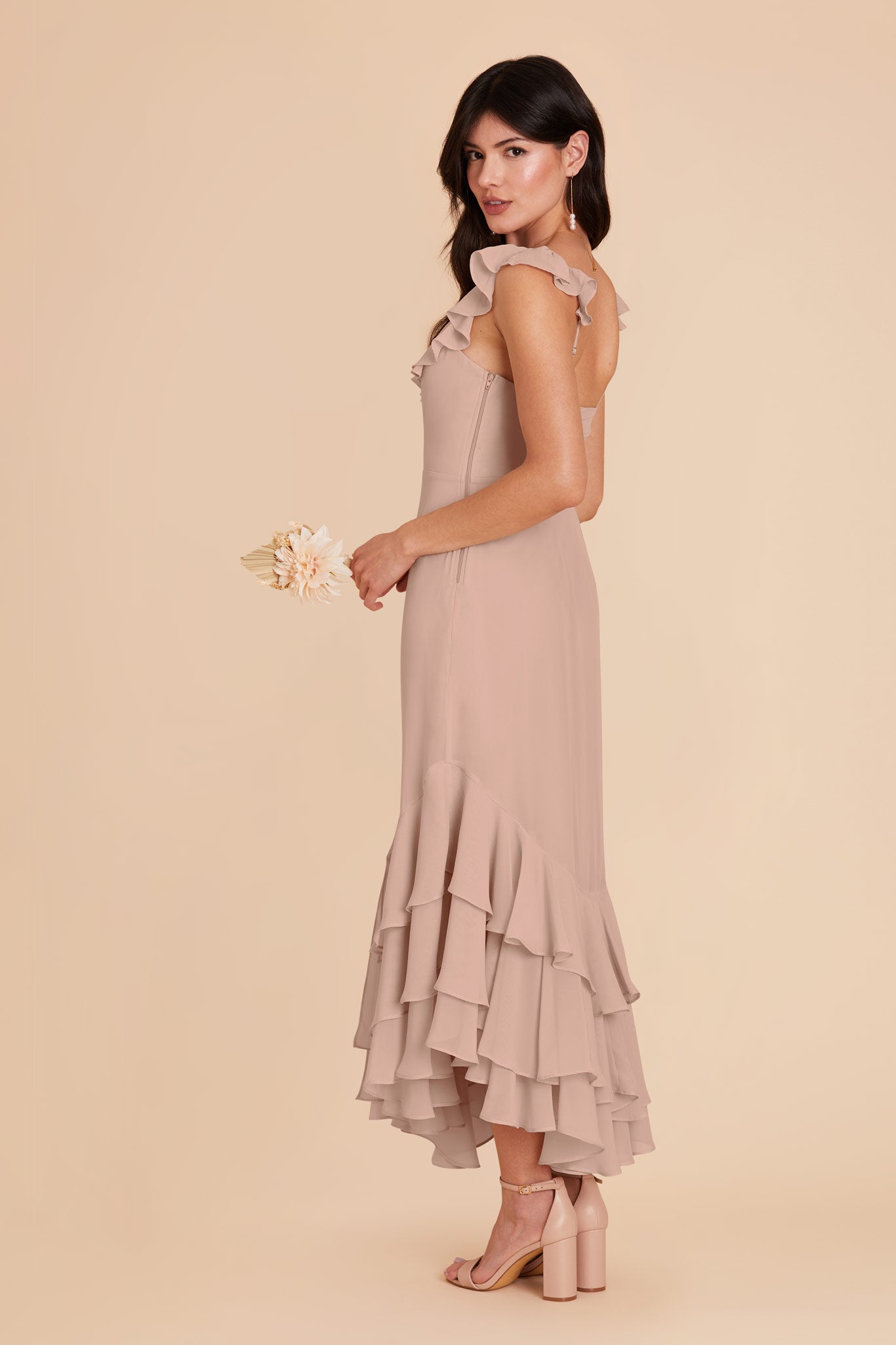 Flirty Chiffon Dress with Ruffle Trim & Layered Hem | Ginny Taupe