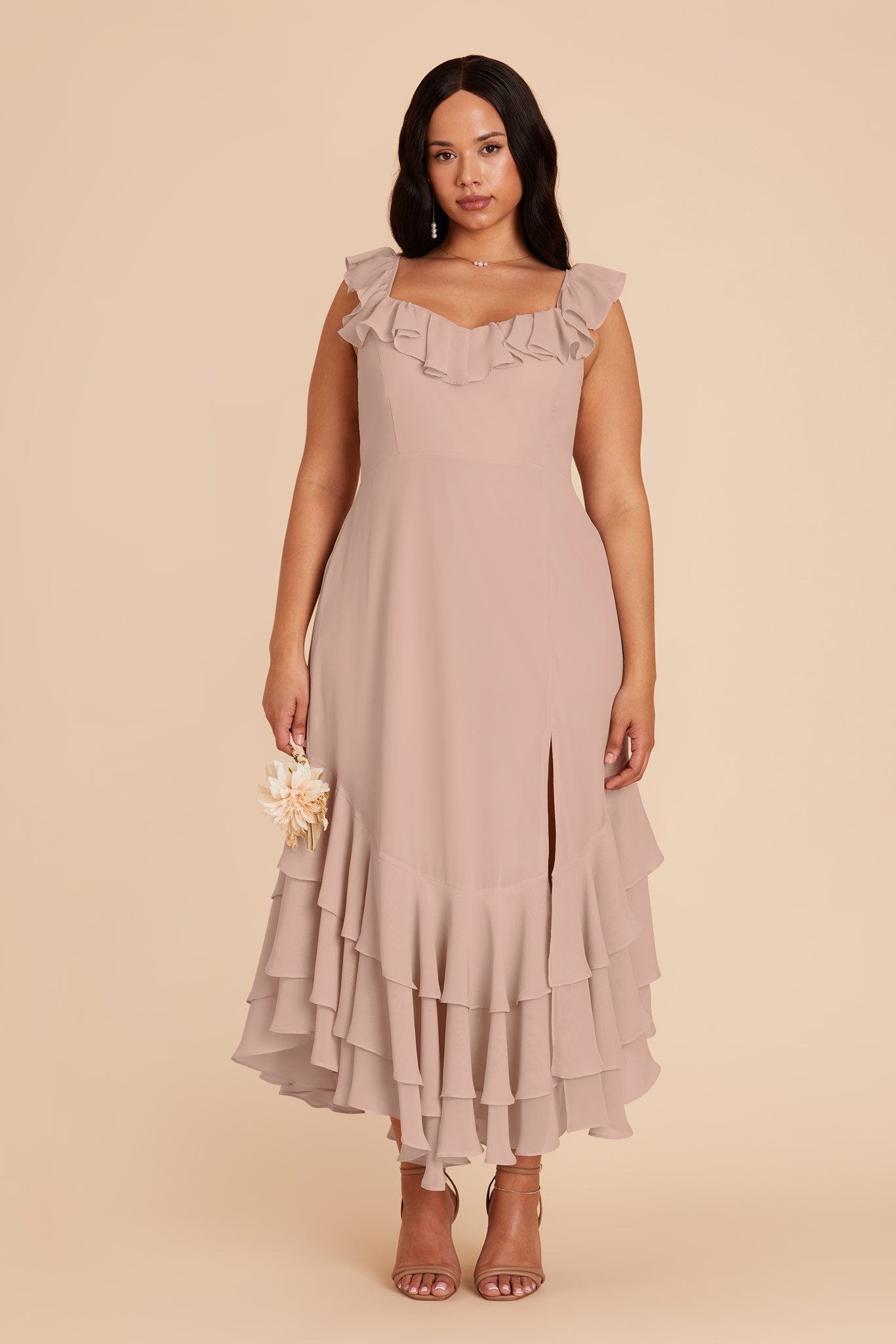 Flirty Chiffon Dress with Ruffle Trim & Layered Hem | Ginny Taupe