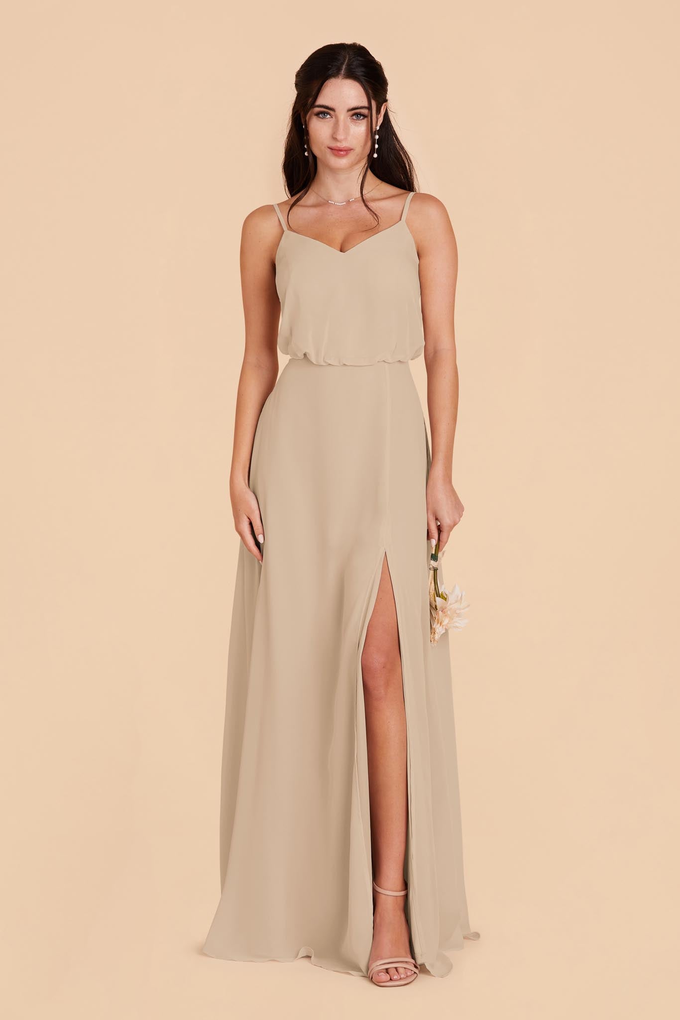 Blouson Bridesmaid Dress with Slit | Gwennie Almond