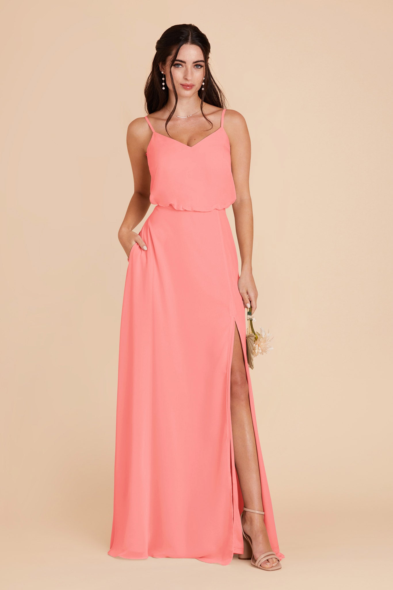 Blouson Bridesmaid Dress with Slit | Gwennie Coral Pink