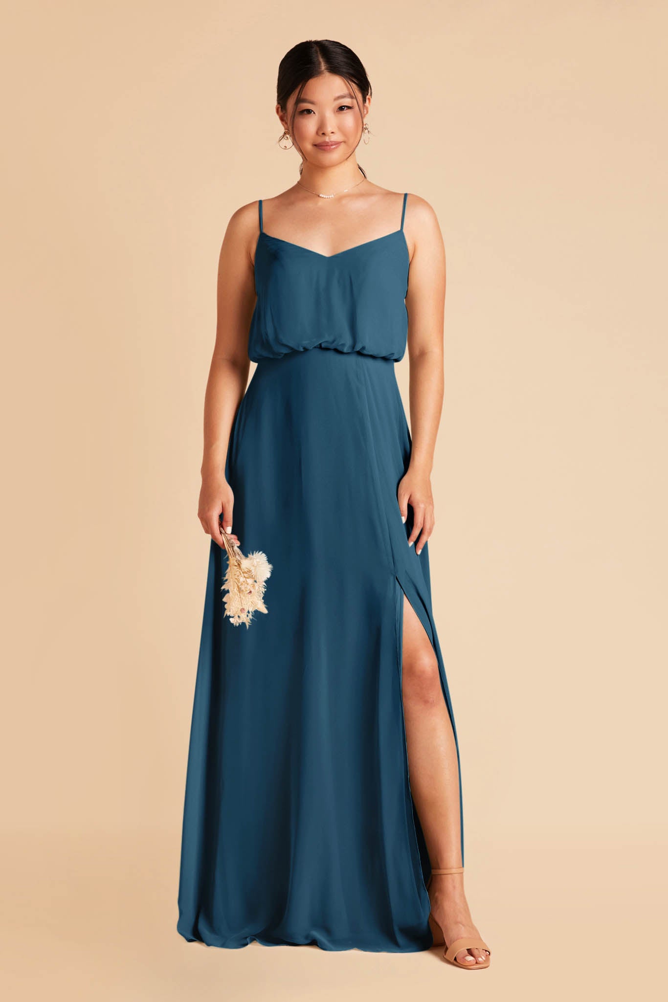 Classic Blouson Bridesmaid Dress with Slit | Gwennie Dark Teal