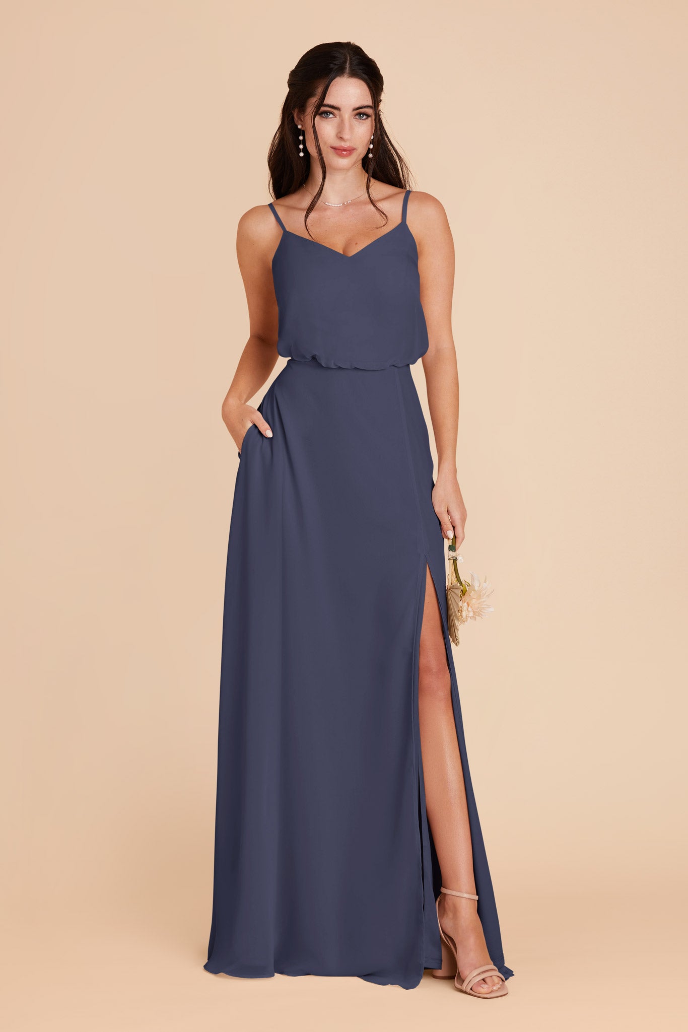 Blouson Bridesmaid Dress with Slit | Gwennie in Dusk Blue