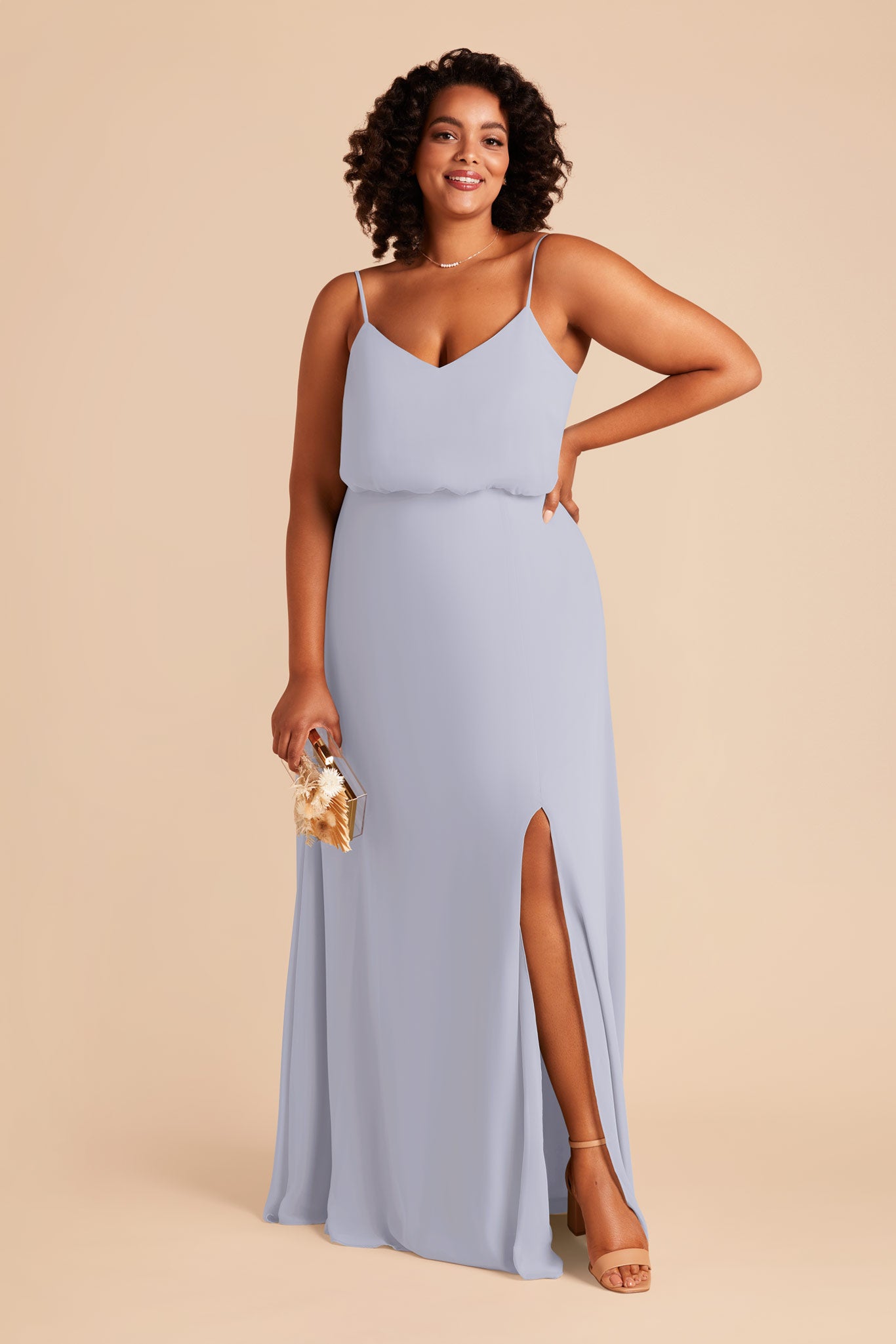 Blouson Bridesmaid Dress with Slit | Gwennie in Dusty Blue