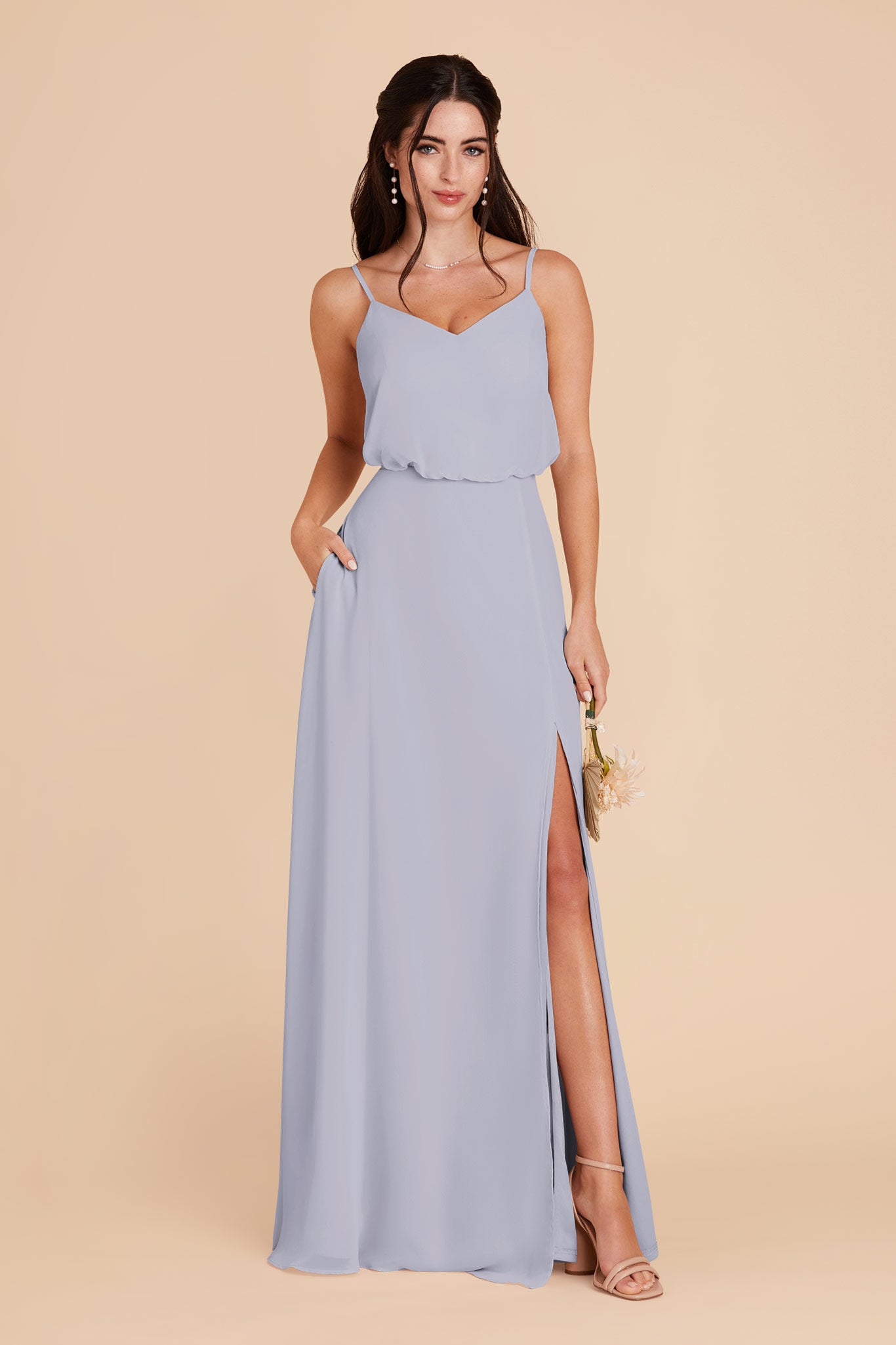 Blouson Bridesmaid Dress with Slit | Gwennie in Dusty Blue