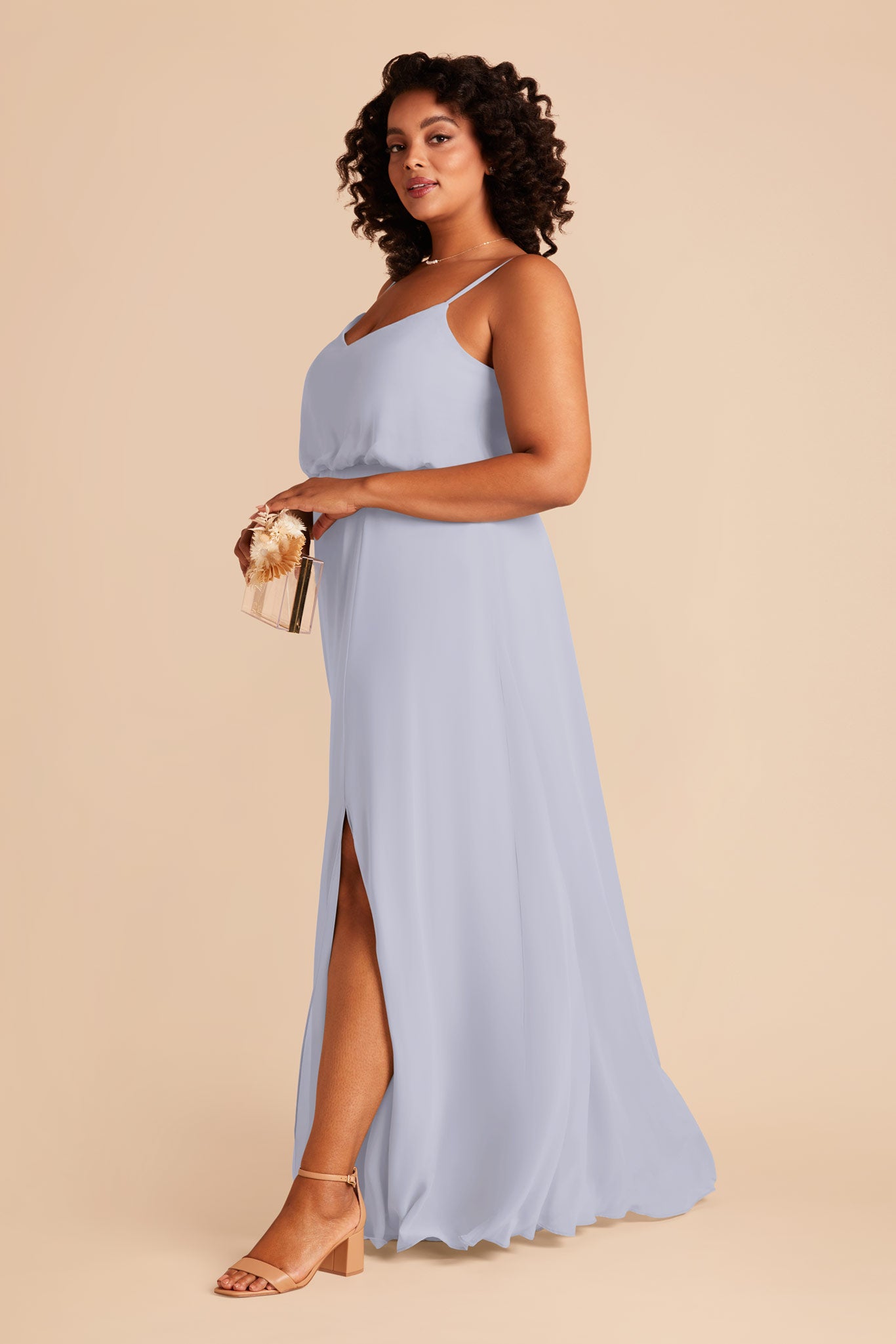 Blouson Bridesmaid Dress with Slit | Gwennie in Dusty Blue