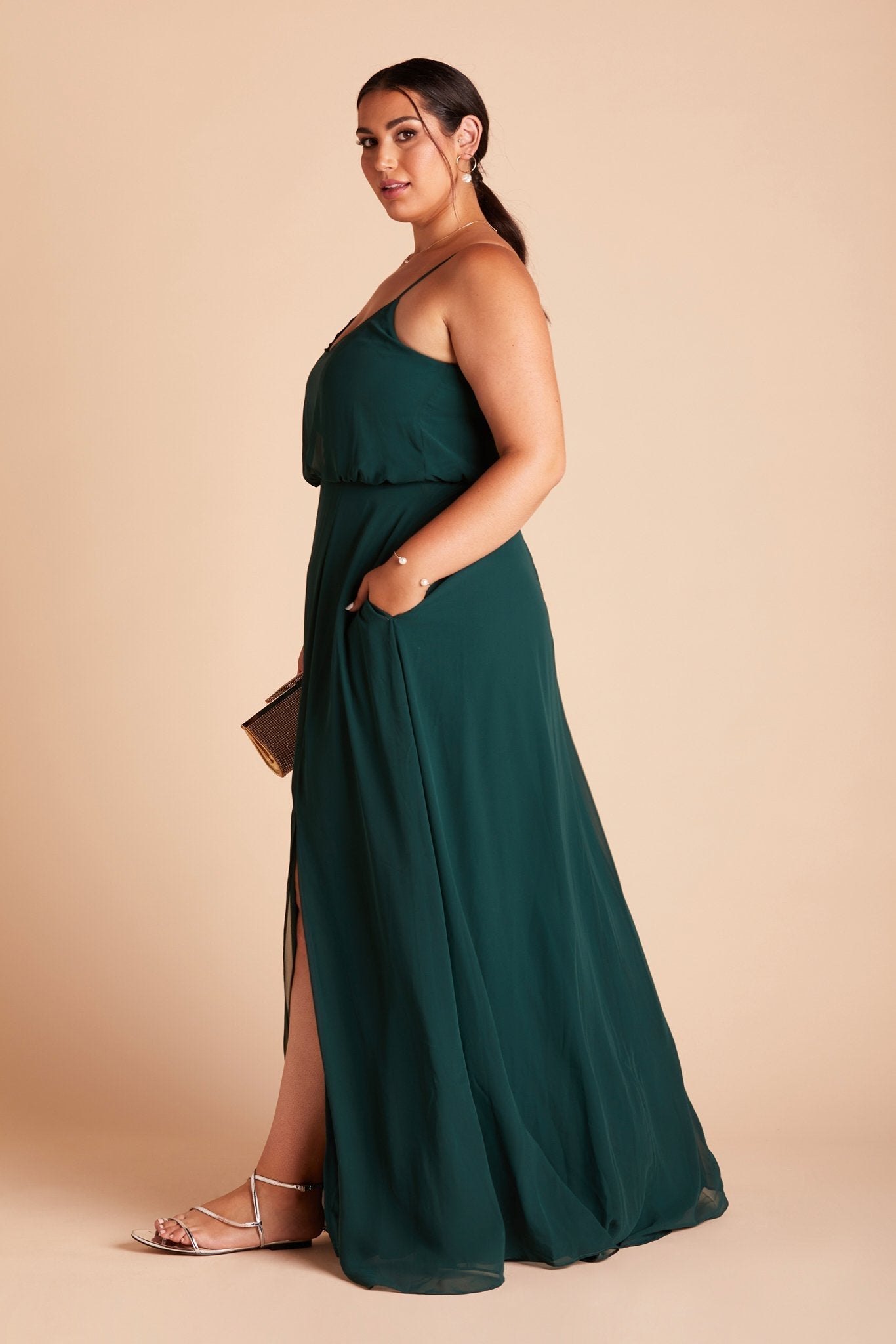 Blouson Bridesmaid Dress with Slit | Gwennie Emerald