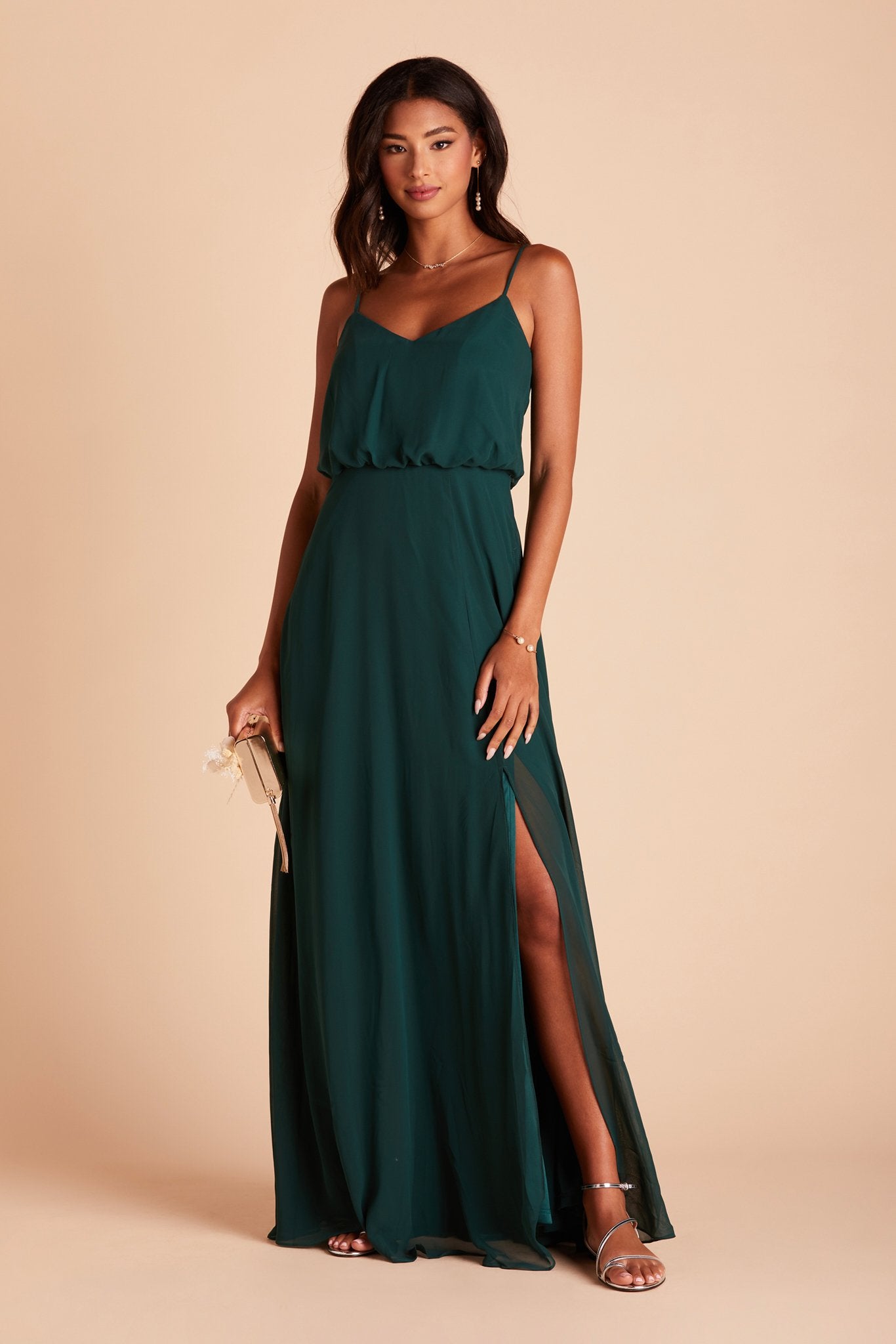 Blouson Bridesmaid Dress with Slit | Gwennie Emerald