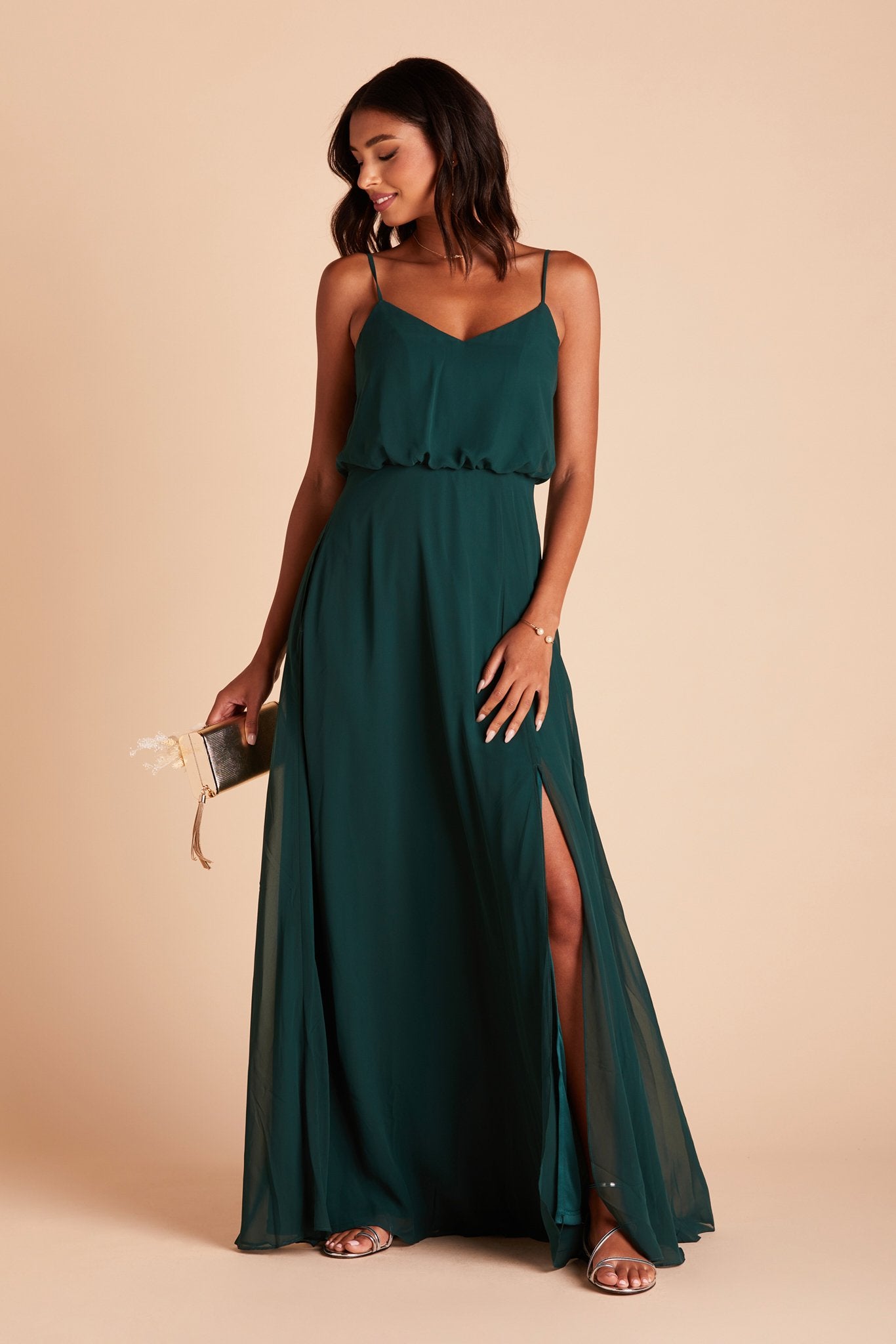 Blouson Bridesmaid Dress with Slit | Gwennie Emerald