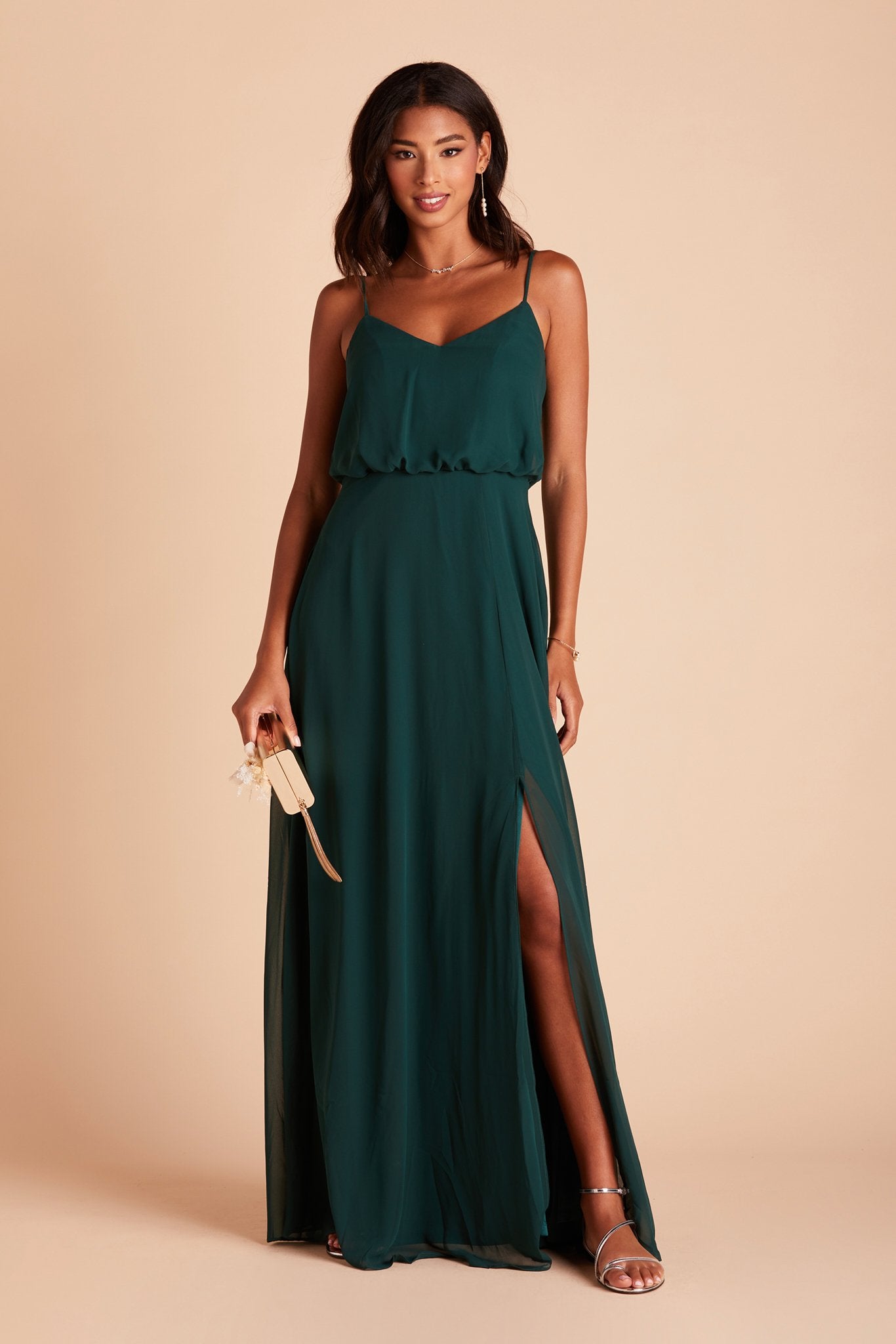 Blouson Bridesmaid Dress with Slit | Gwennie Emerald