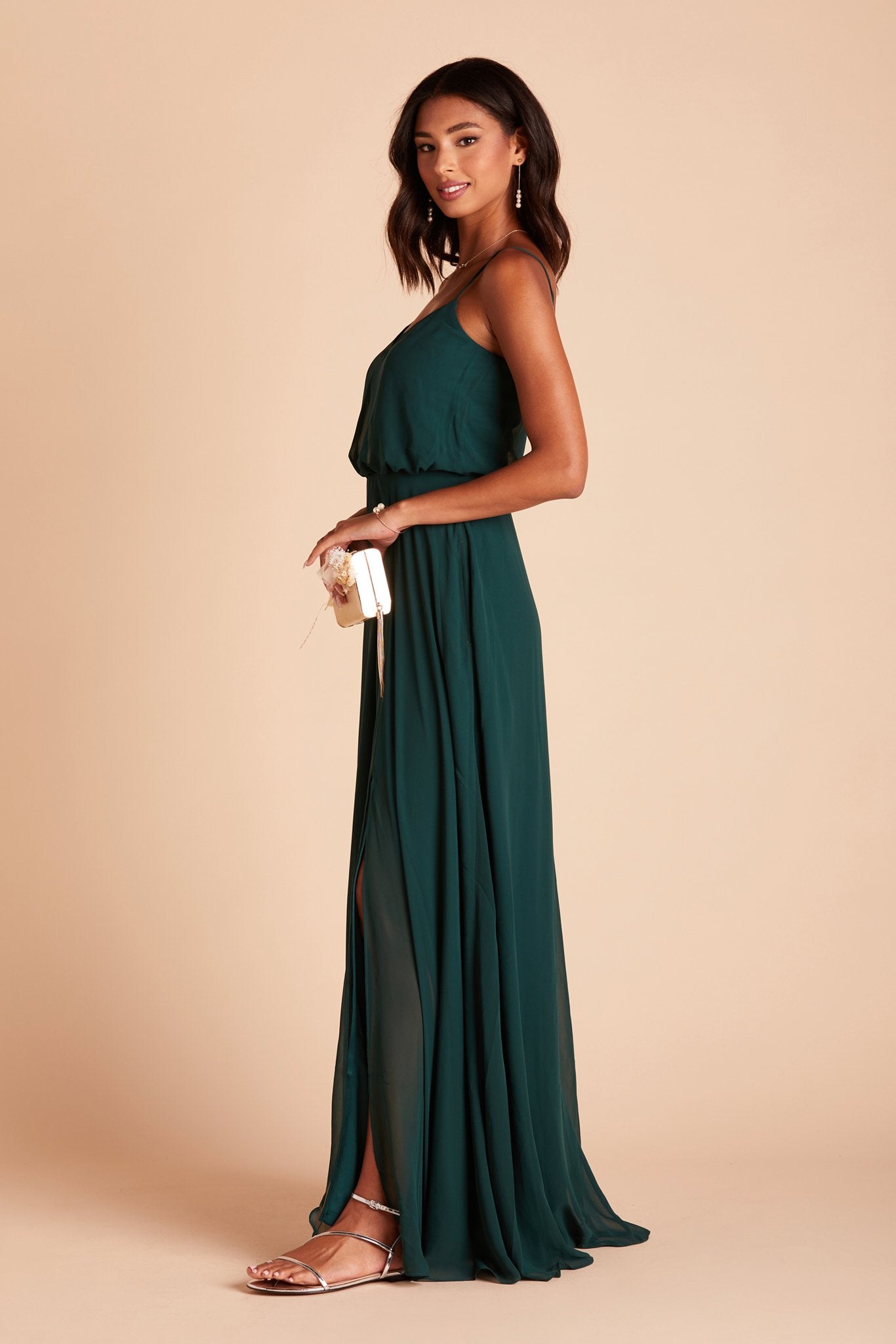 Blouson Bridesmaid Dress with Slit | Gwennie Emerald