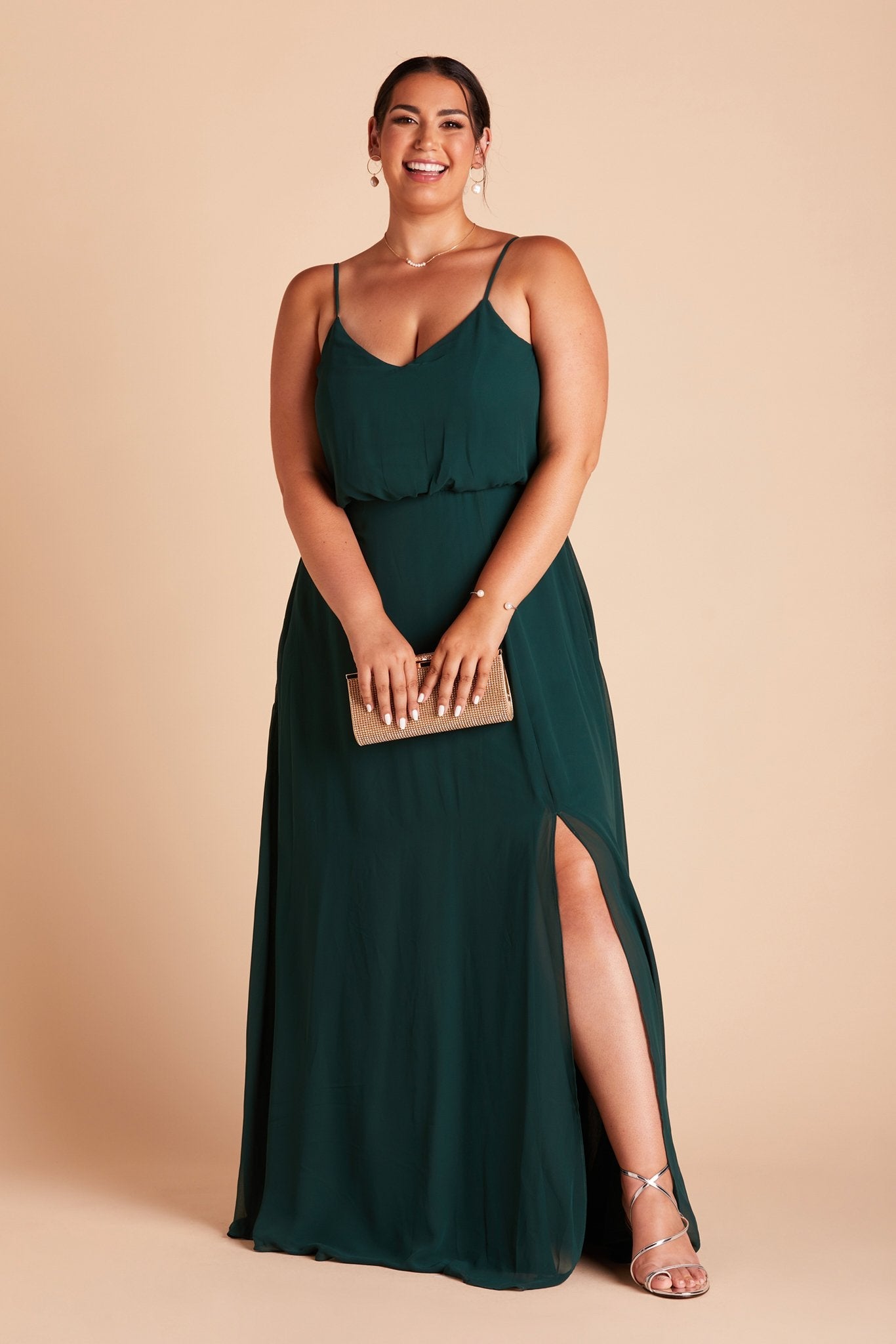 Blouson Bridesmaid Dress with Slit | Gwennie Emerald