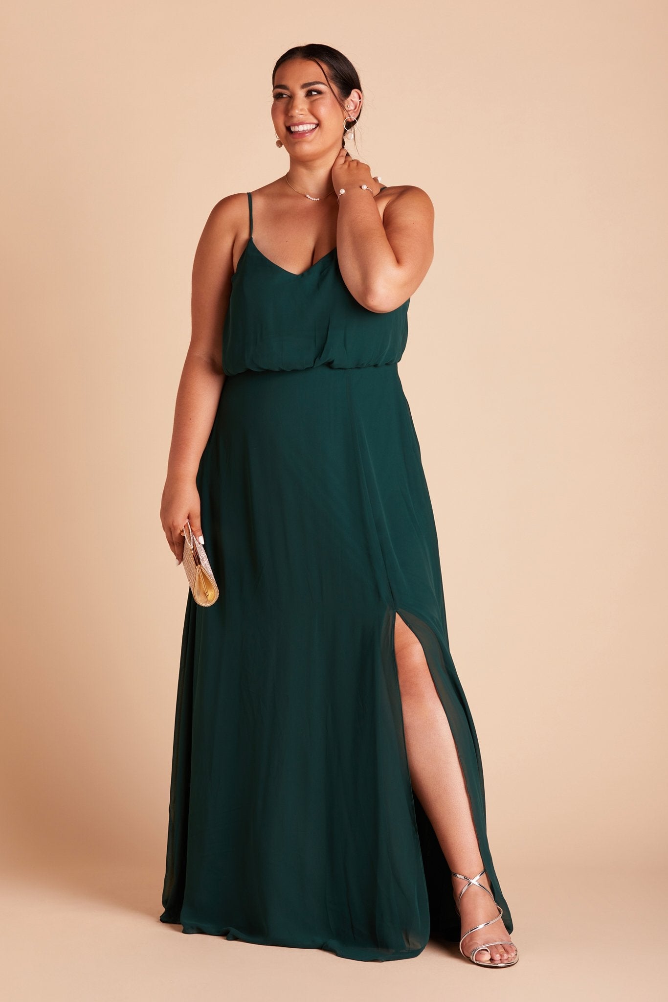 Blouson Bridesmaid Dress with Slit | Gwennie Emerald