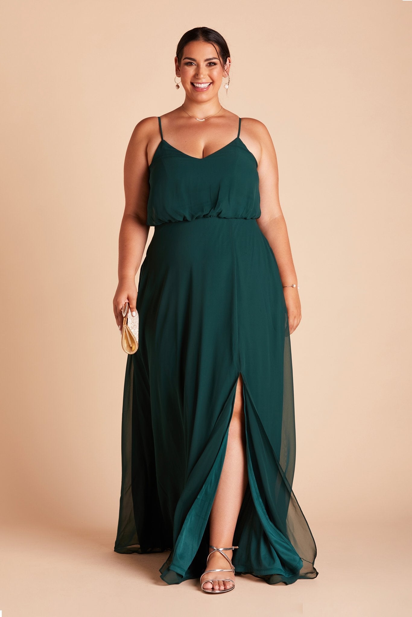 Blouson Bridesmaid Dress with Slit | Gwennie Emerald