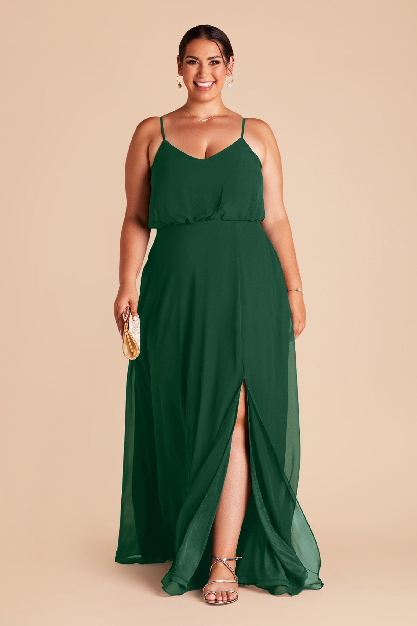 Blouson Bridesmaid Dress with Slit | Gwennie Forest Green