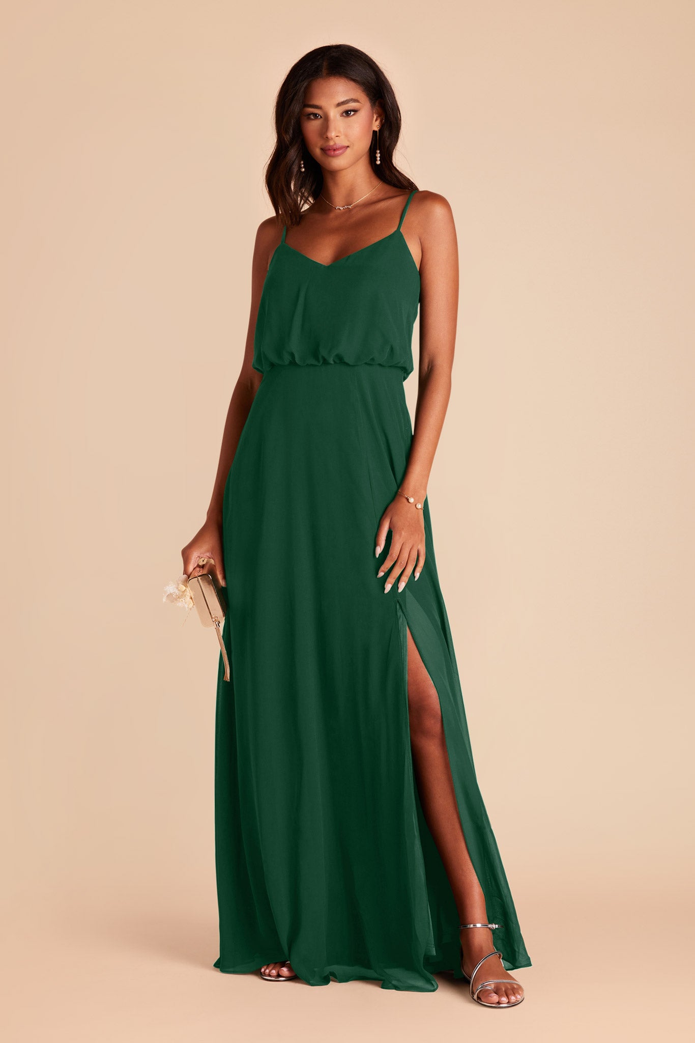 Blouson Bridesmaid Dress with Slit | Gwennie Forest Green