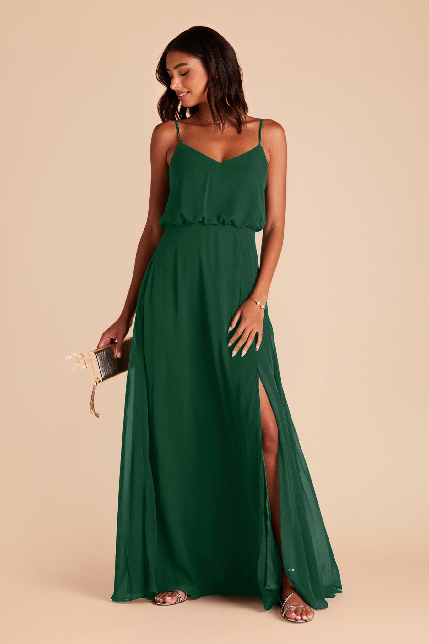 Blouson Bridesmaid Dress with Slit | Gwennie Forest Green