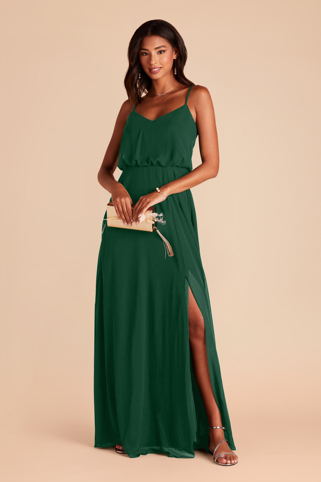 Blouson Bridesmaid Dress with Slit | Gwennie Forest Green