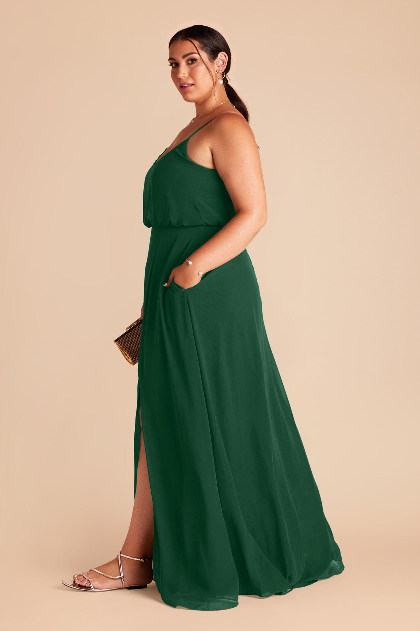 Blouson Bridesmaid Dress with Slit | Gwennie Forest Green