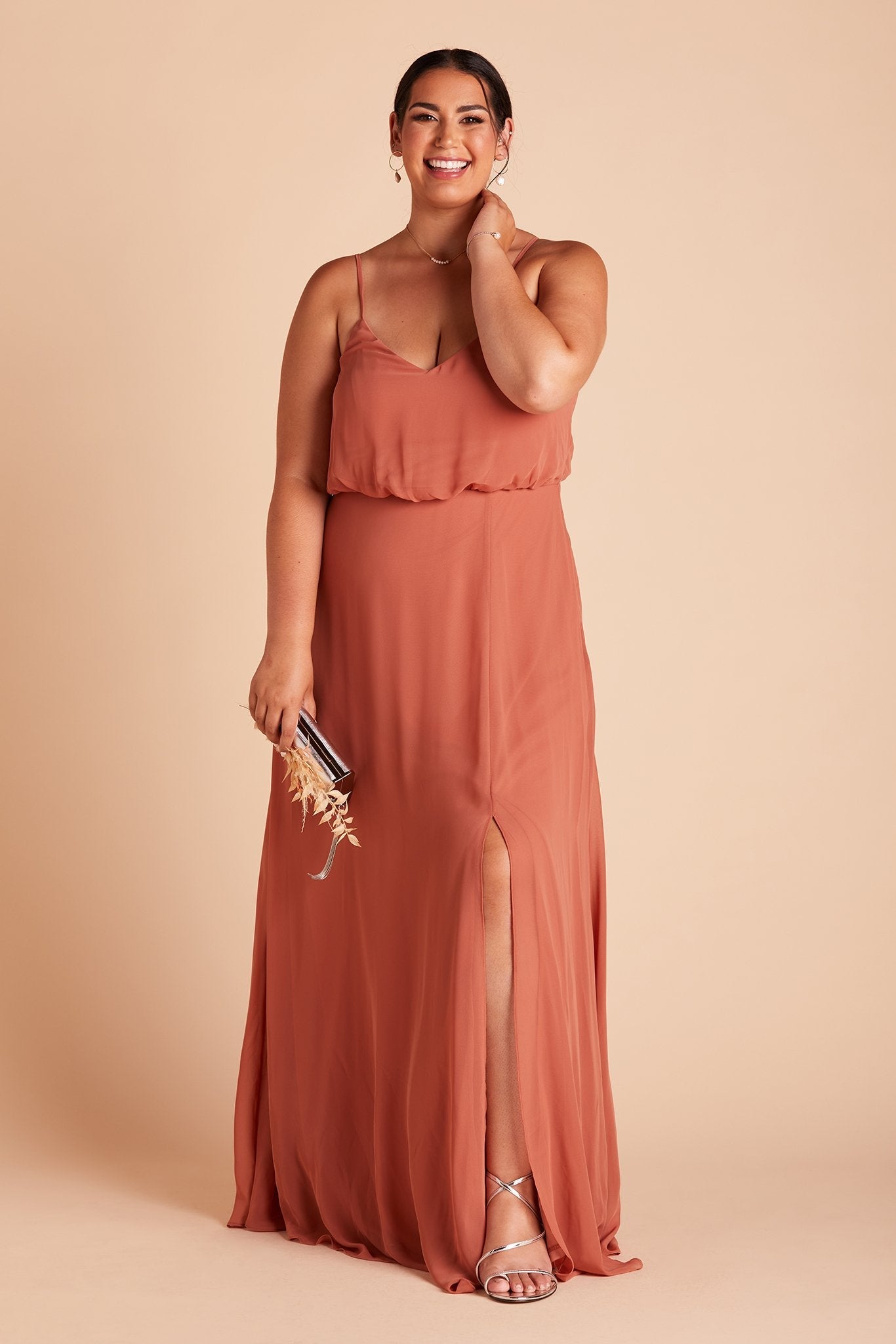Classic Blouson Bridesmaid Dress with Slit | Gwennie Terracotta