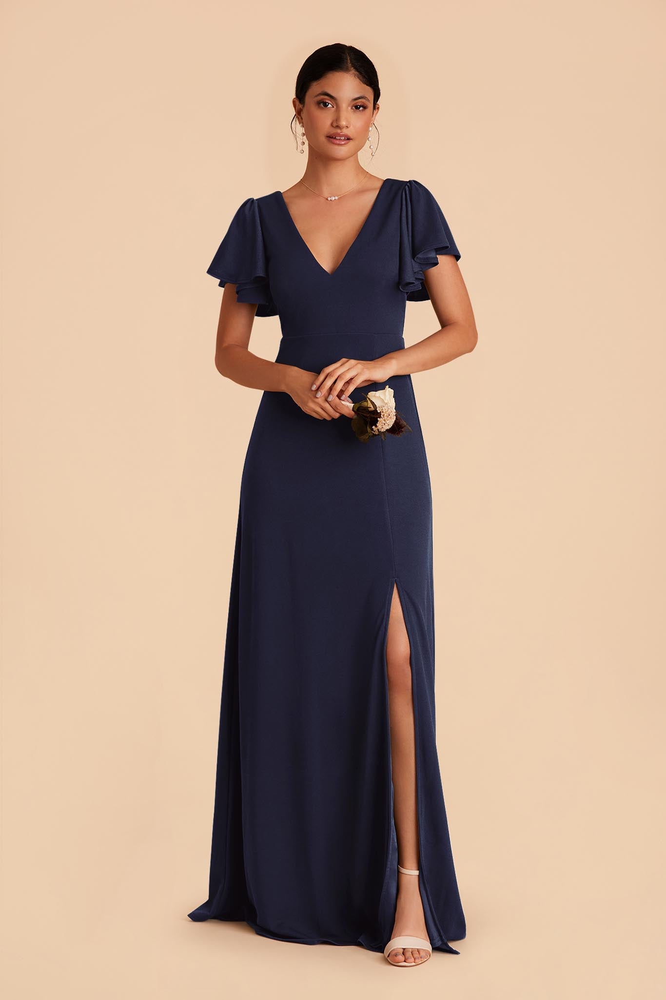 Flutter Sleeve Empire Gown - Maternity Friendly Navy Crepe Dress | Hannah