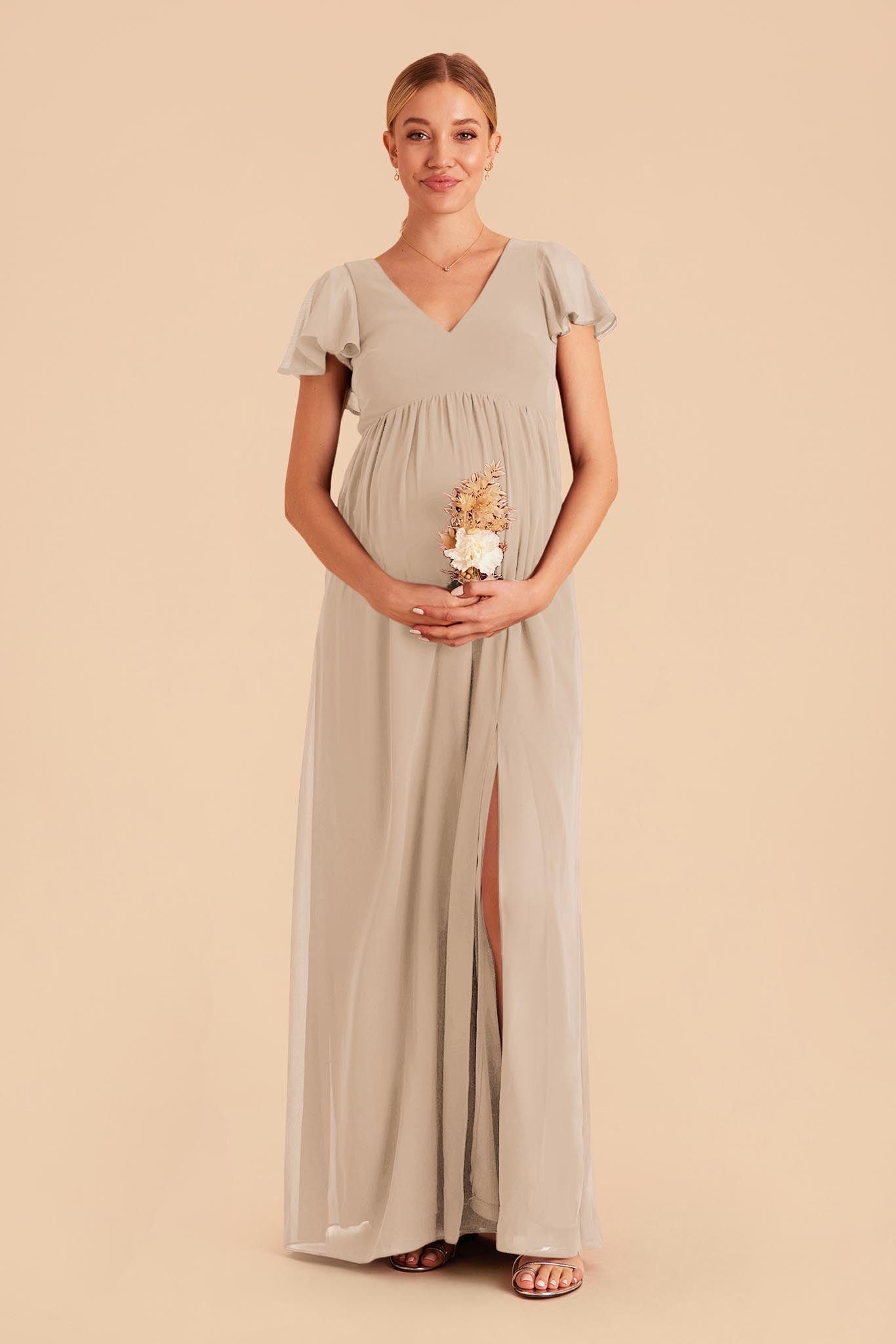 Flutter Sleeve Empire Gown for Maternity | Hannah Almond Dress
