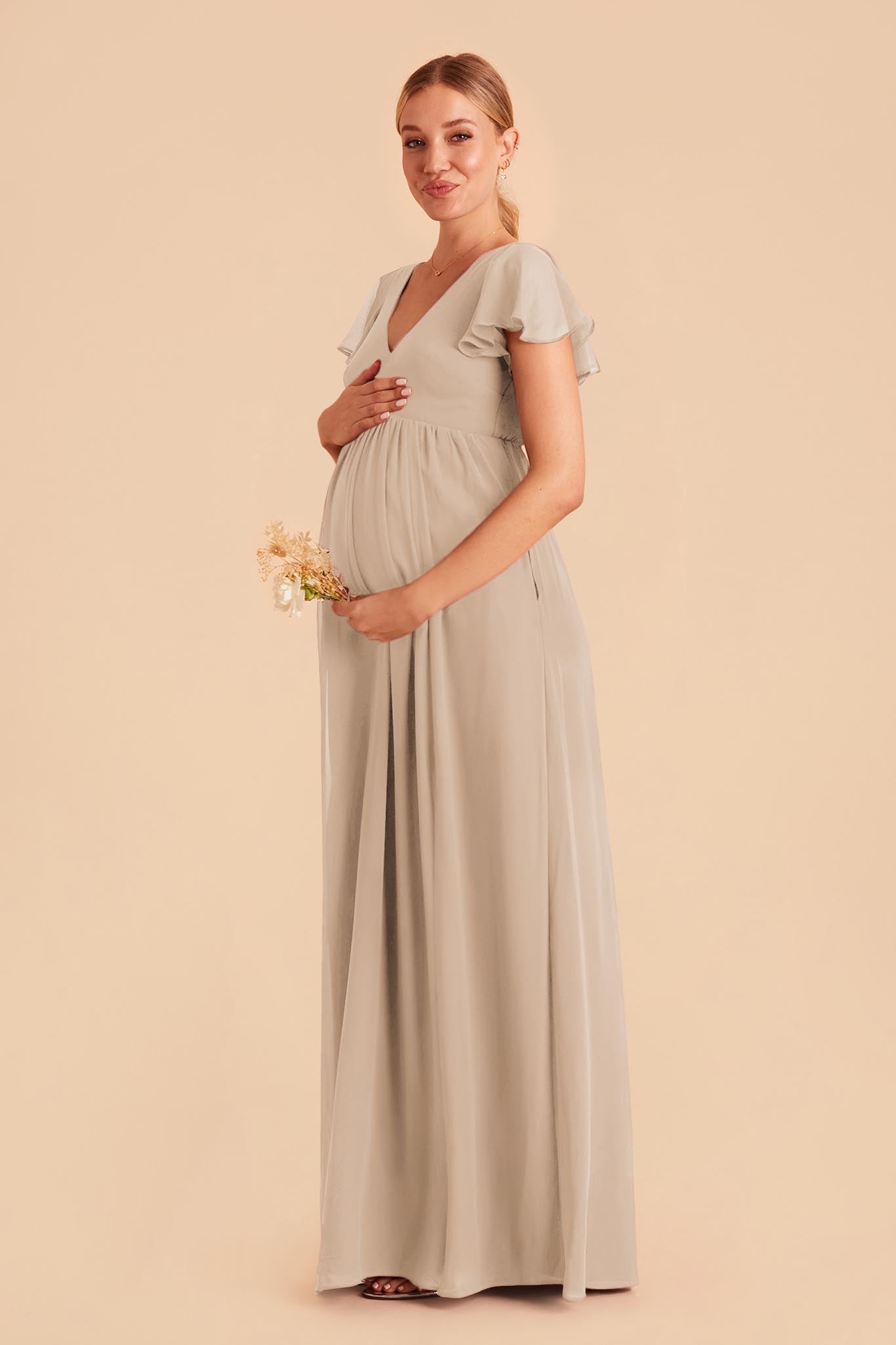Flutter Sleeve Empire Gown for Maternity | Hannah Almond Dress