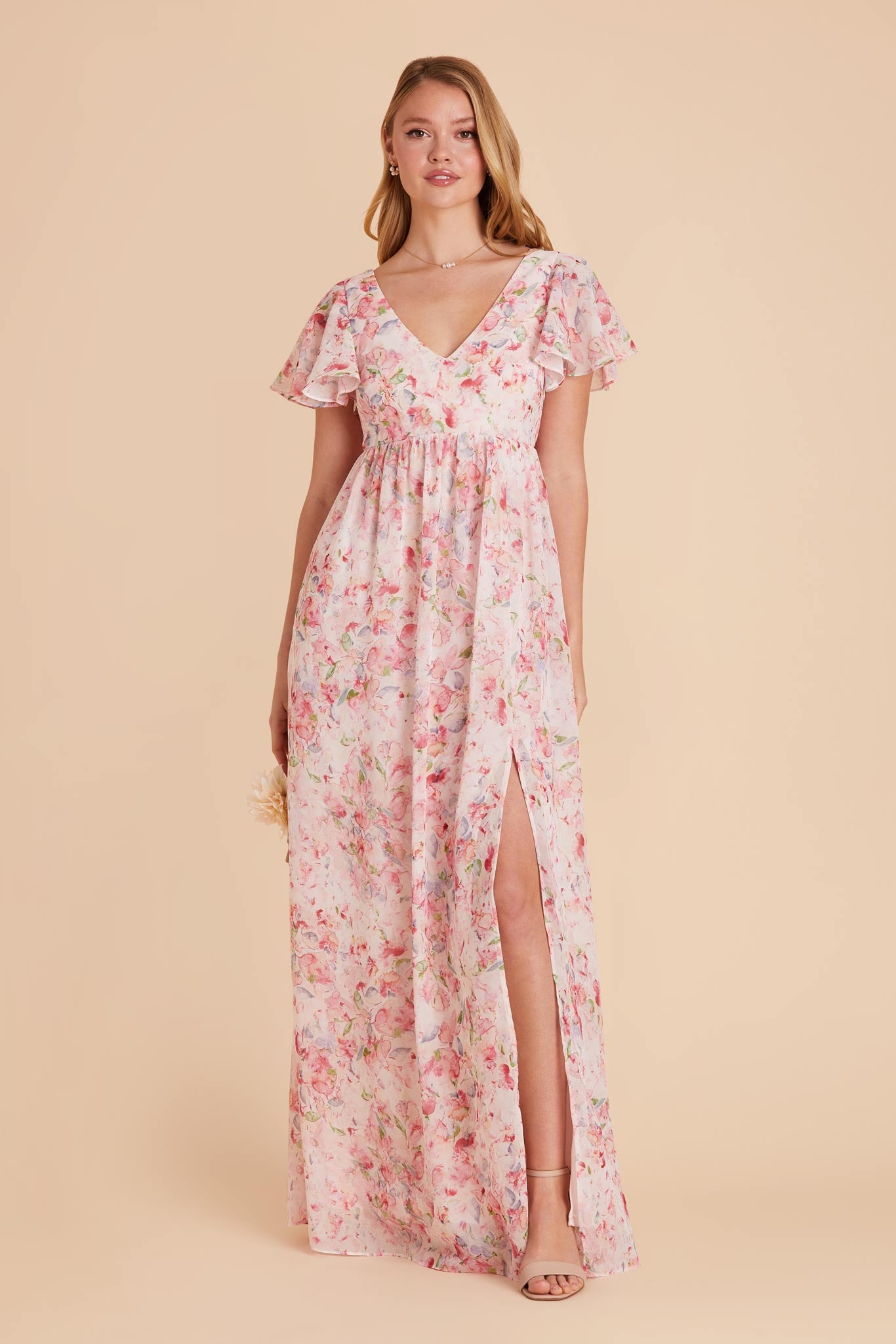 Flutter Sleeve Empire Gown for Maternity | Hannah Dress Pink Petals
