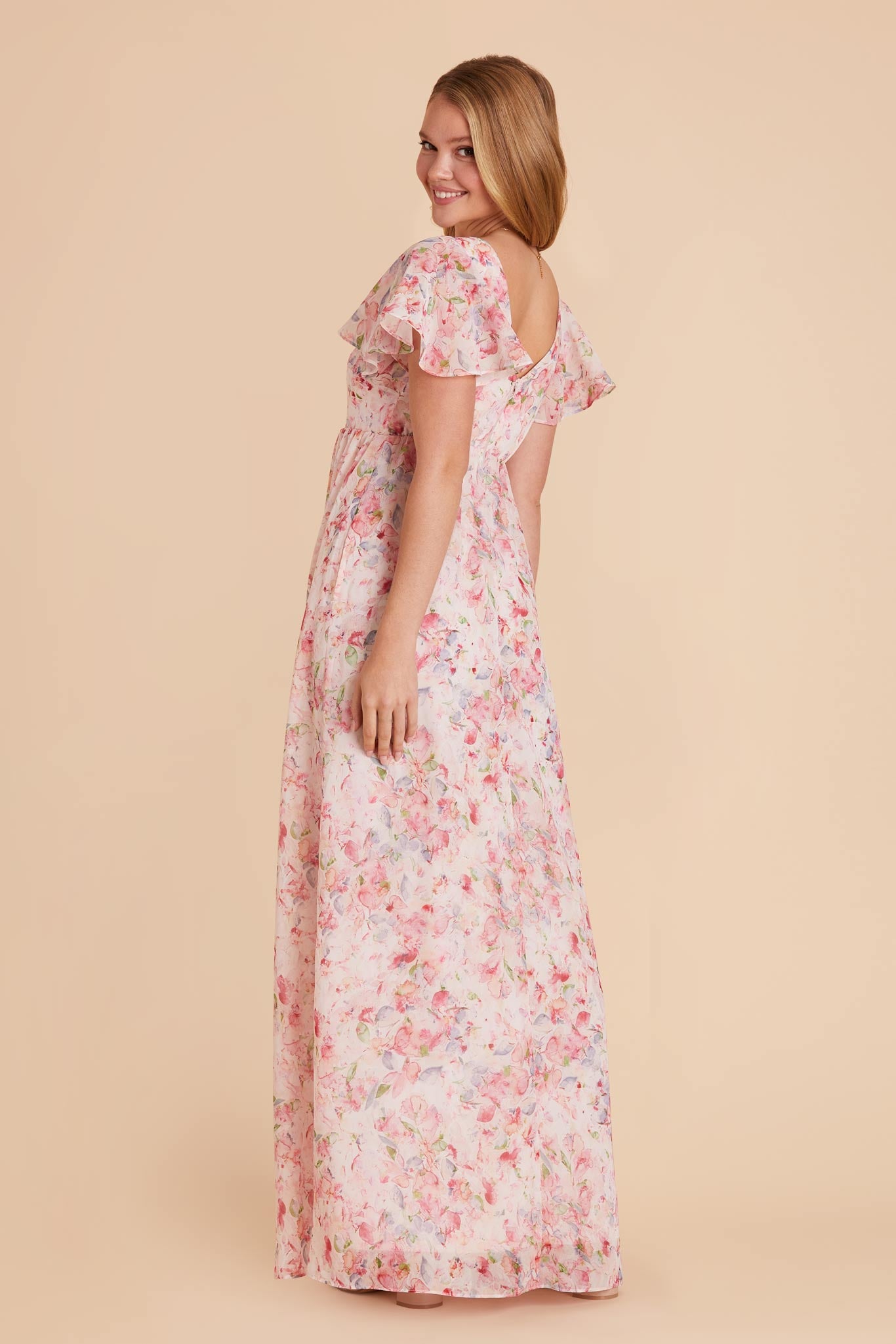 Flutter Sleeve Empire Gown for Maternity | Hannah Dress Pink Petals
