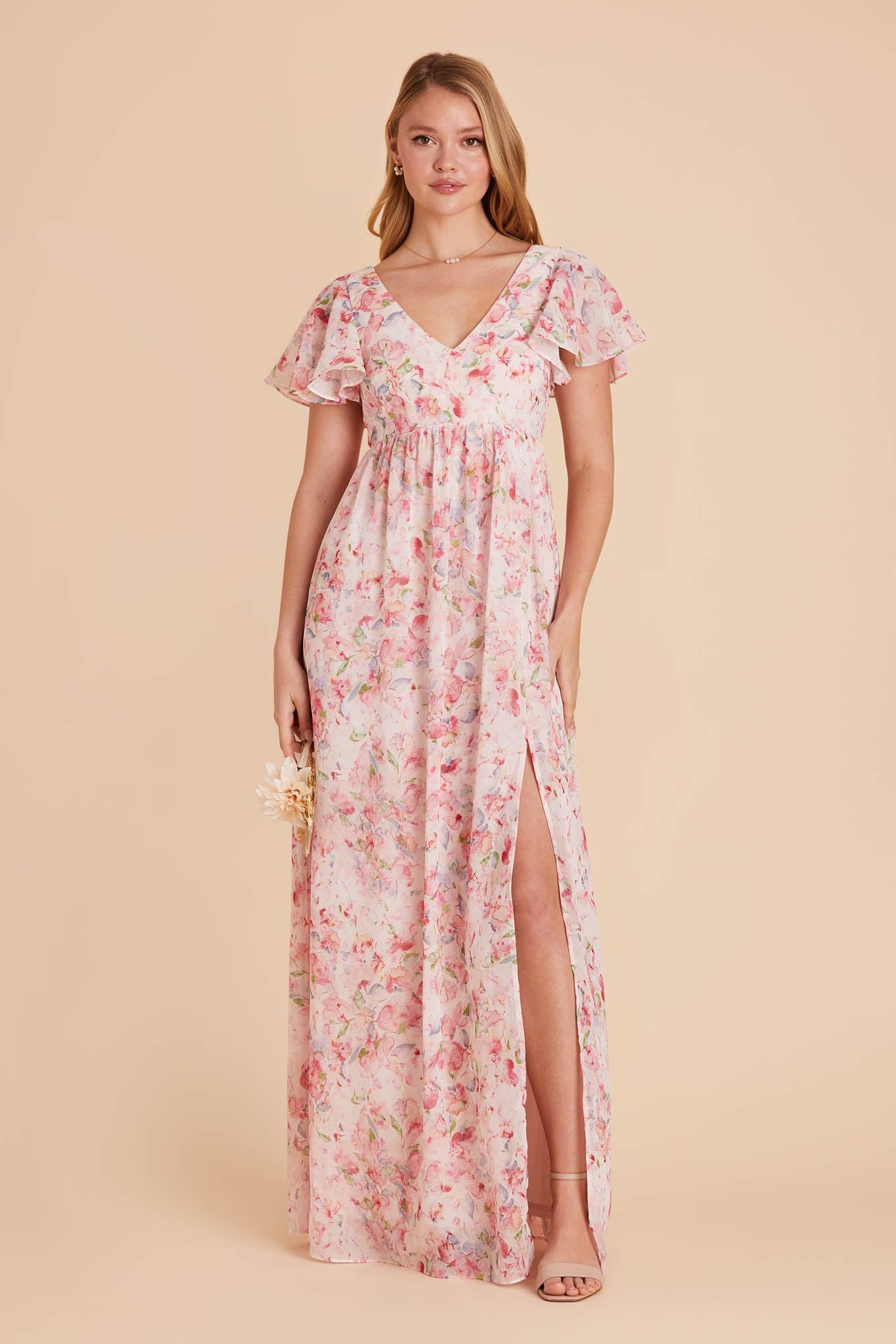 Flutter Sleeve Empire Gown for Maternity | Hannah Dress Pink Petals