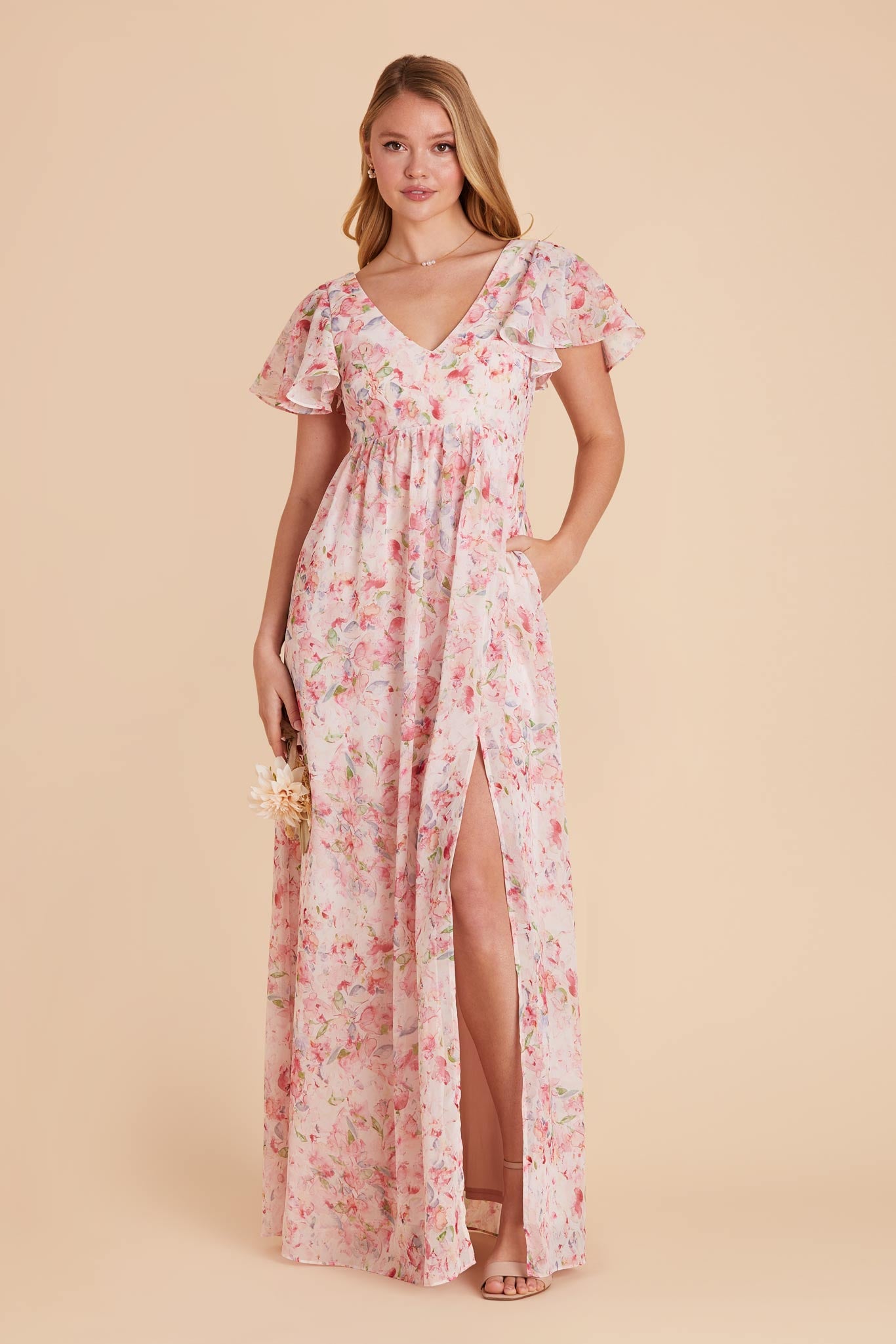 Flutter Sleeve Empire Gown for Maternity | Hannah Dress Pink Petals