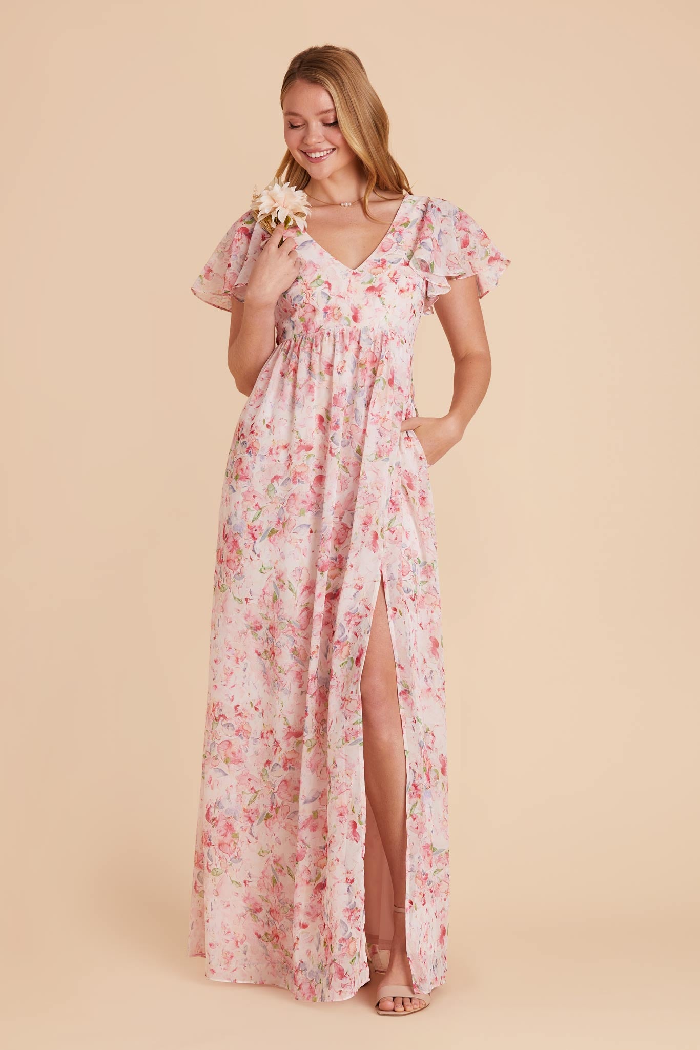 Flutter Sleeve Empire Gown for Maternity | Hannah Dress Pink Petals