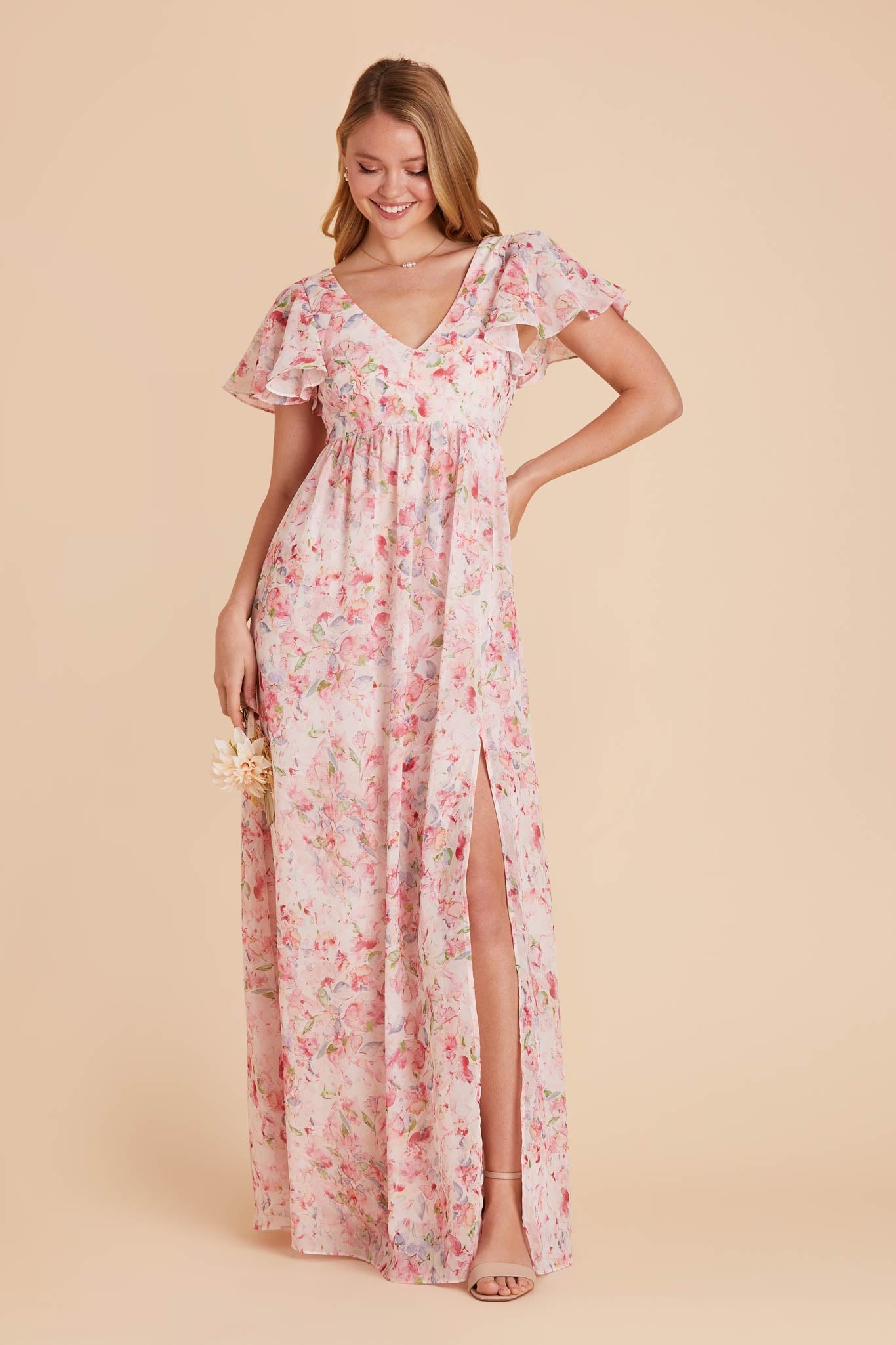 Flutter Sleeve Empire Gown for Maternity | Hannah Dress Pink Petals