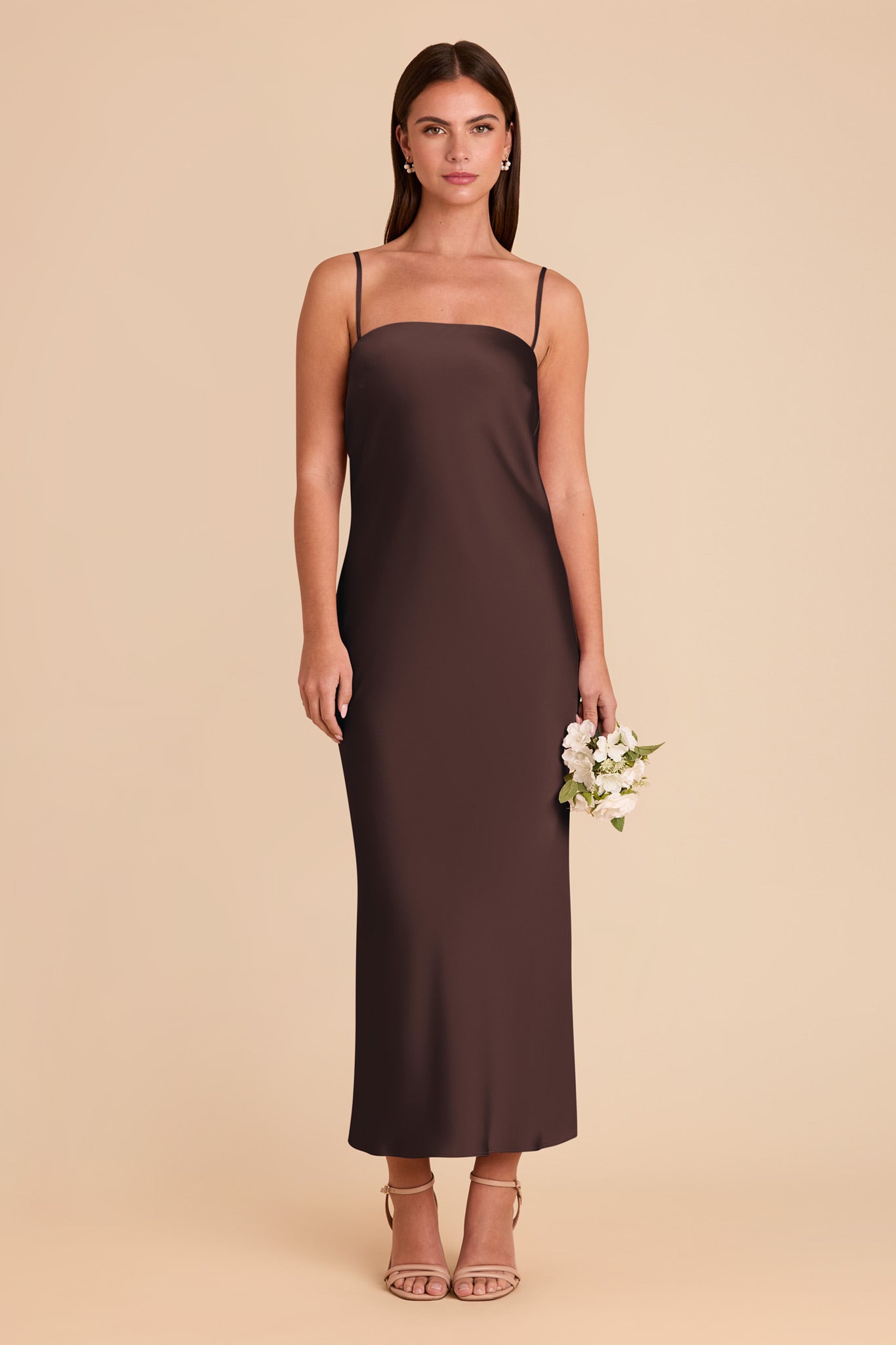Matte Satin Cowl Back Dress with Removable Straps | Isla Espresso