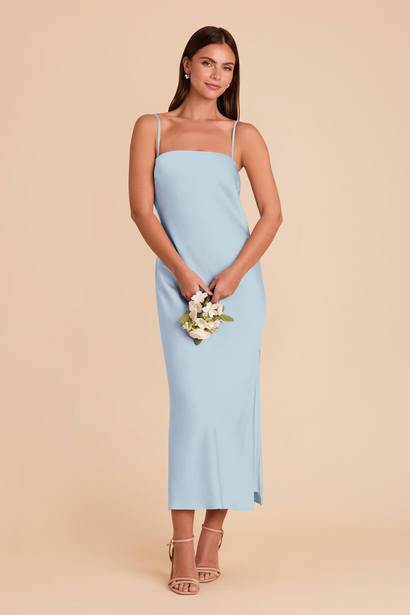 Matte Satin Cowl Back Dress with Removable Straps | Isla Mist Blue