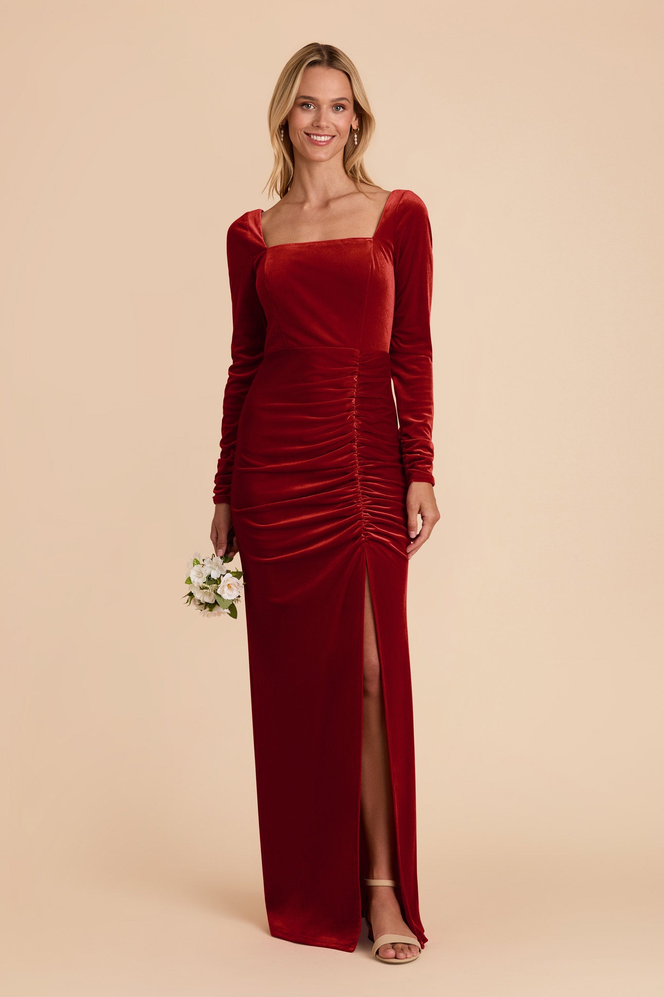 Velvet Square Neck Gown - Ivy Long Sleeve Dress in Burnt Orange