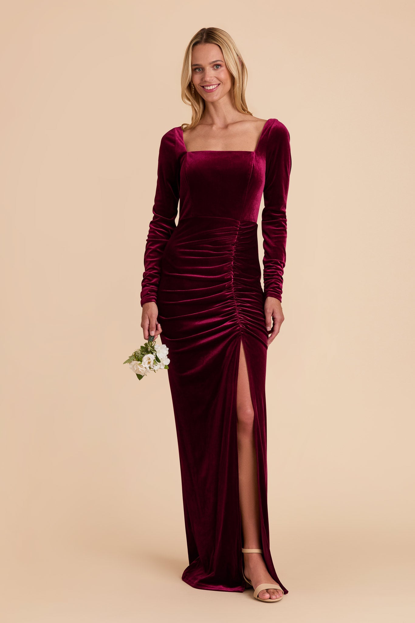 Velvet Square Neck Gown with Long Sleeves | Ivy Cabernet