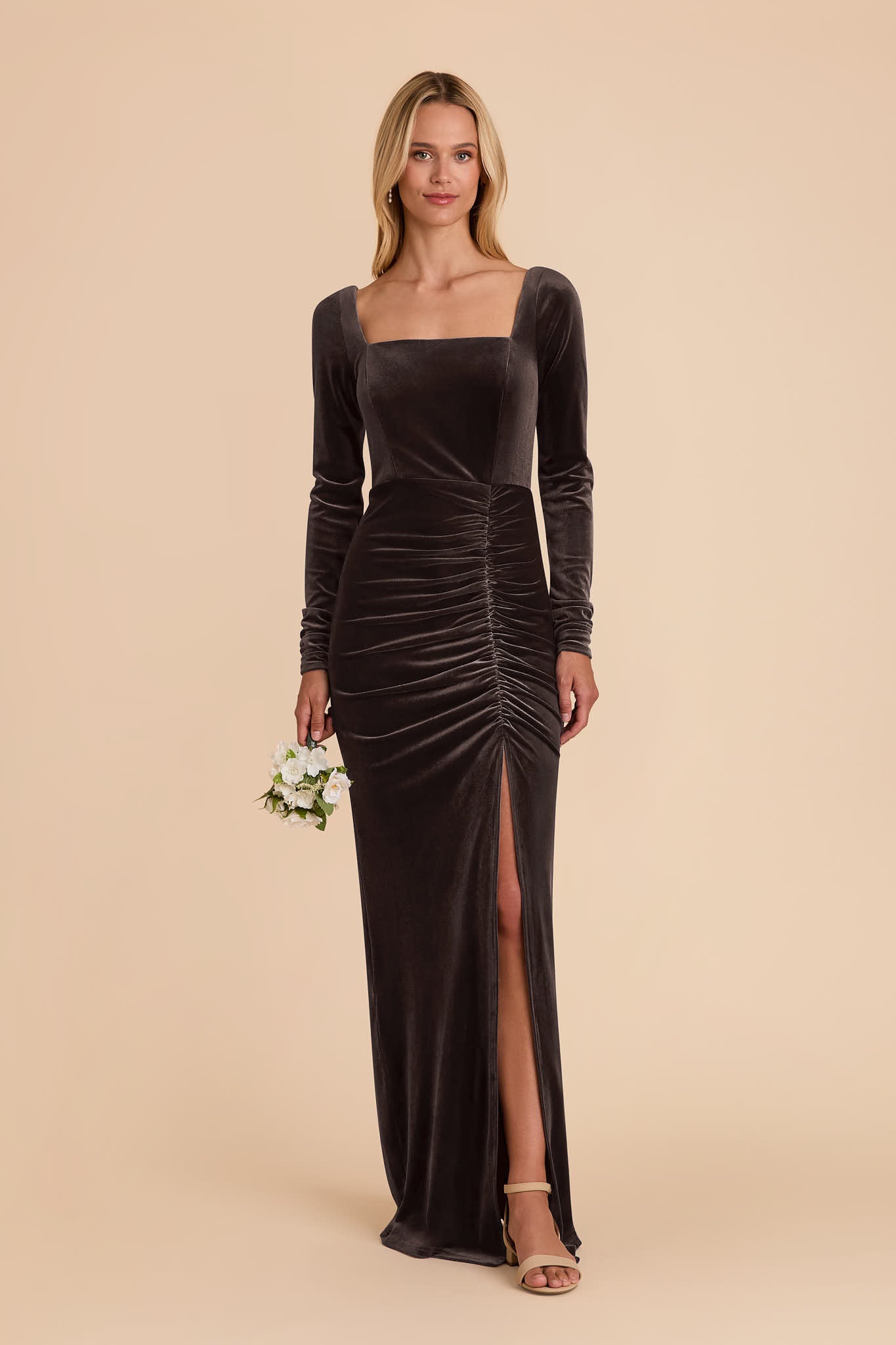 Velvet Long Sleeve Dress with Square Neck | Ivy Espresso
