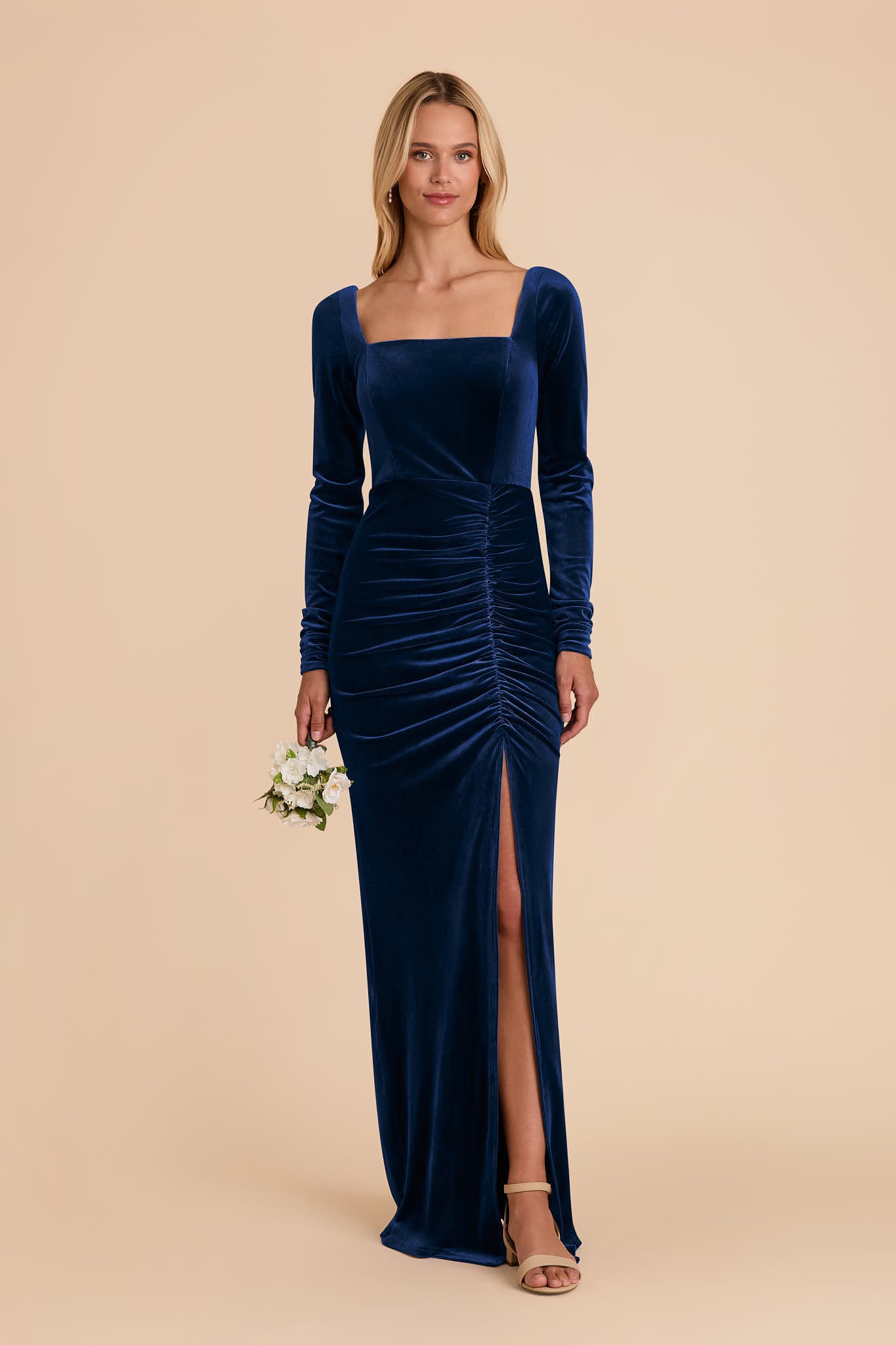 Long Sleeve Velvet Dress with Square Neck | Ivy Navy Gown