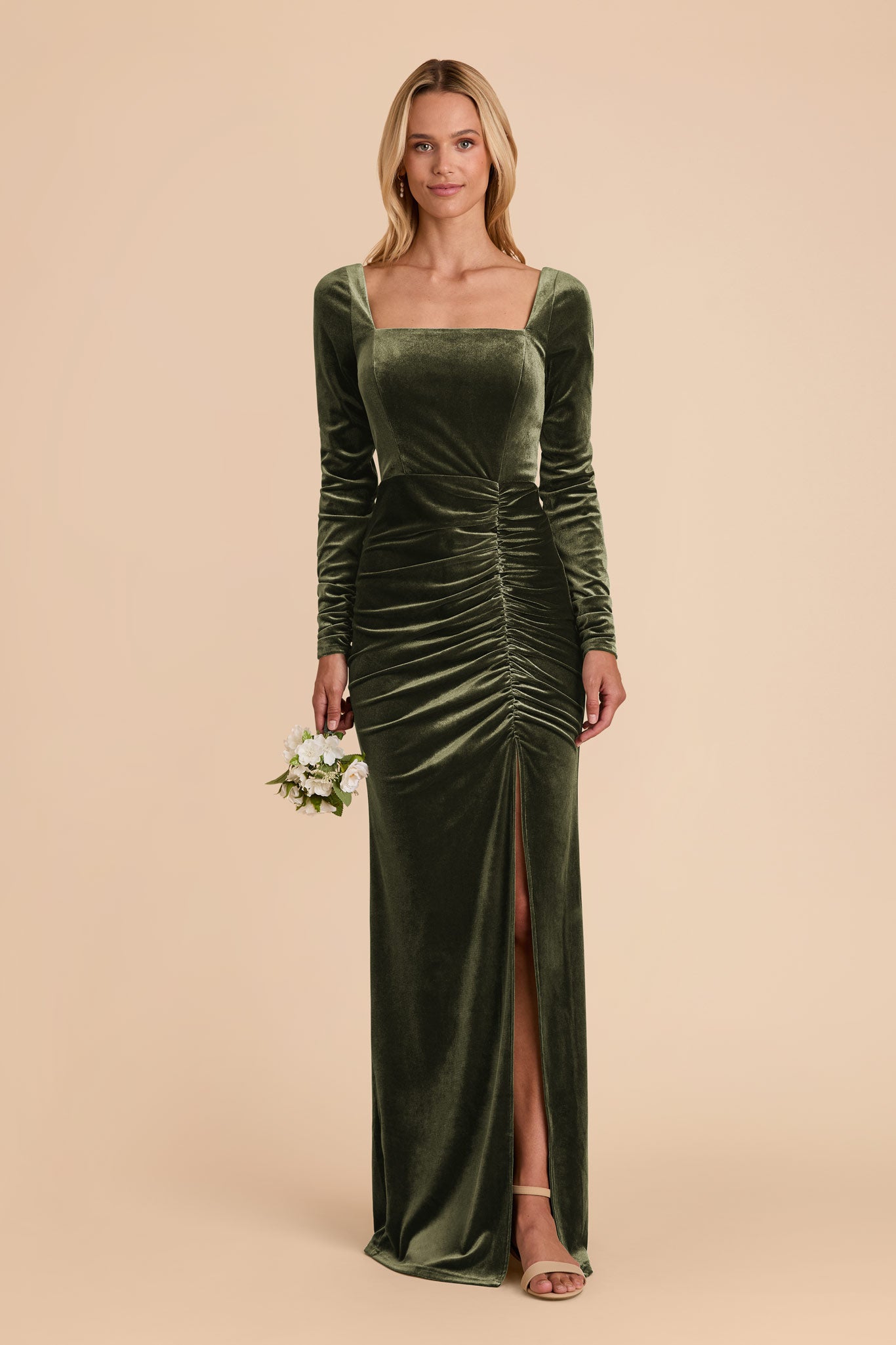Olive Velvet Long Sleeve Dress | Ivy Square Neck Gown