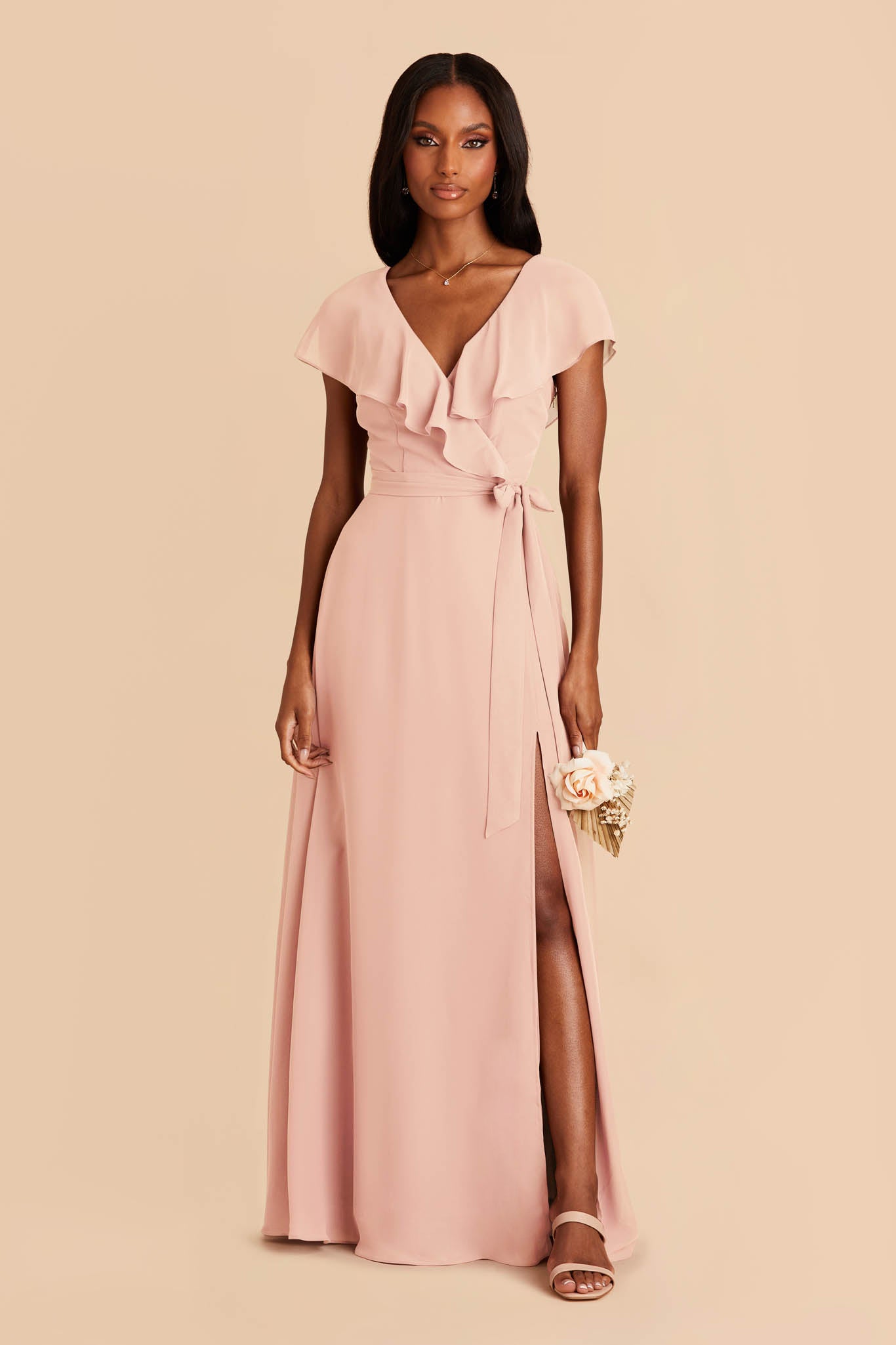 Blush Pink Chiffon Bridesmaid Dress with Flowy Sleeves | Jackson
