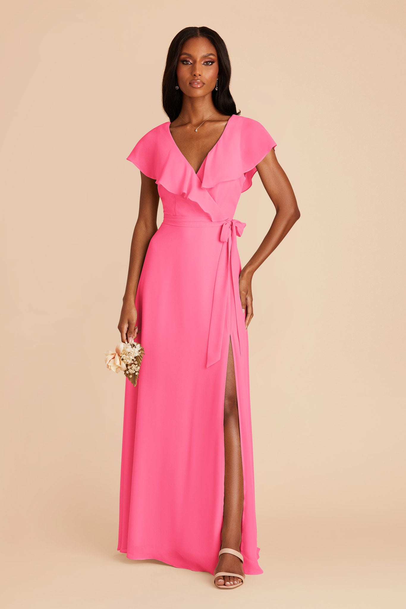 Chiffon Bridesmaid Dress with Flowy Sleeves | Jackson Bon Bon Pink