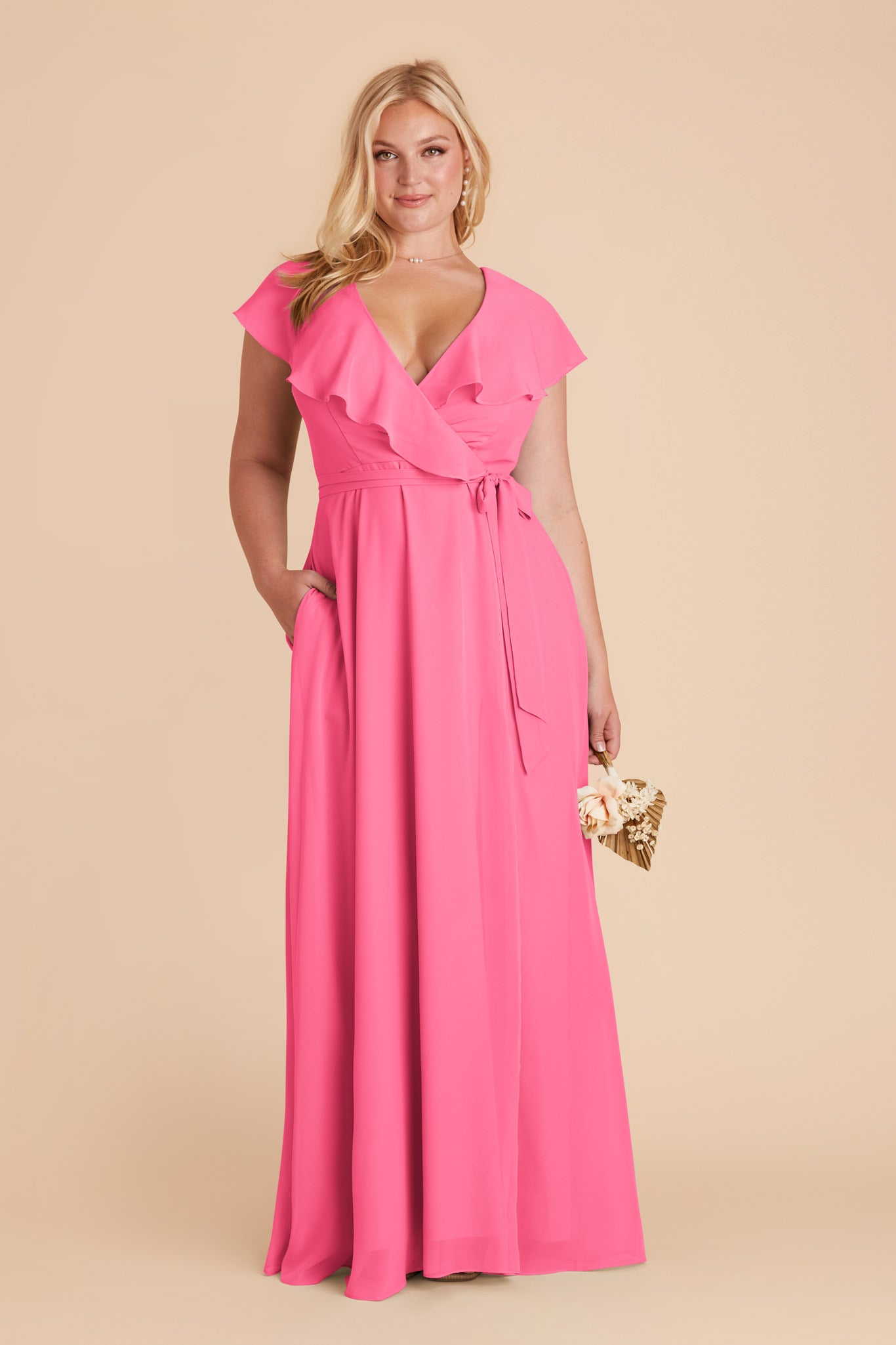 Chiffon Bridesmaid Dress with Flowy Sleeves | Jackson Bon Bon Pink